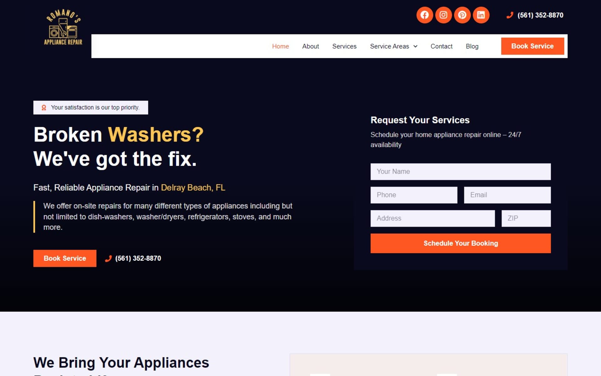 Booking website for Romano’s Appliance Repair in Palm Beach County, FL