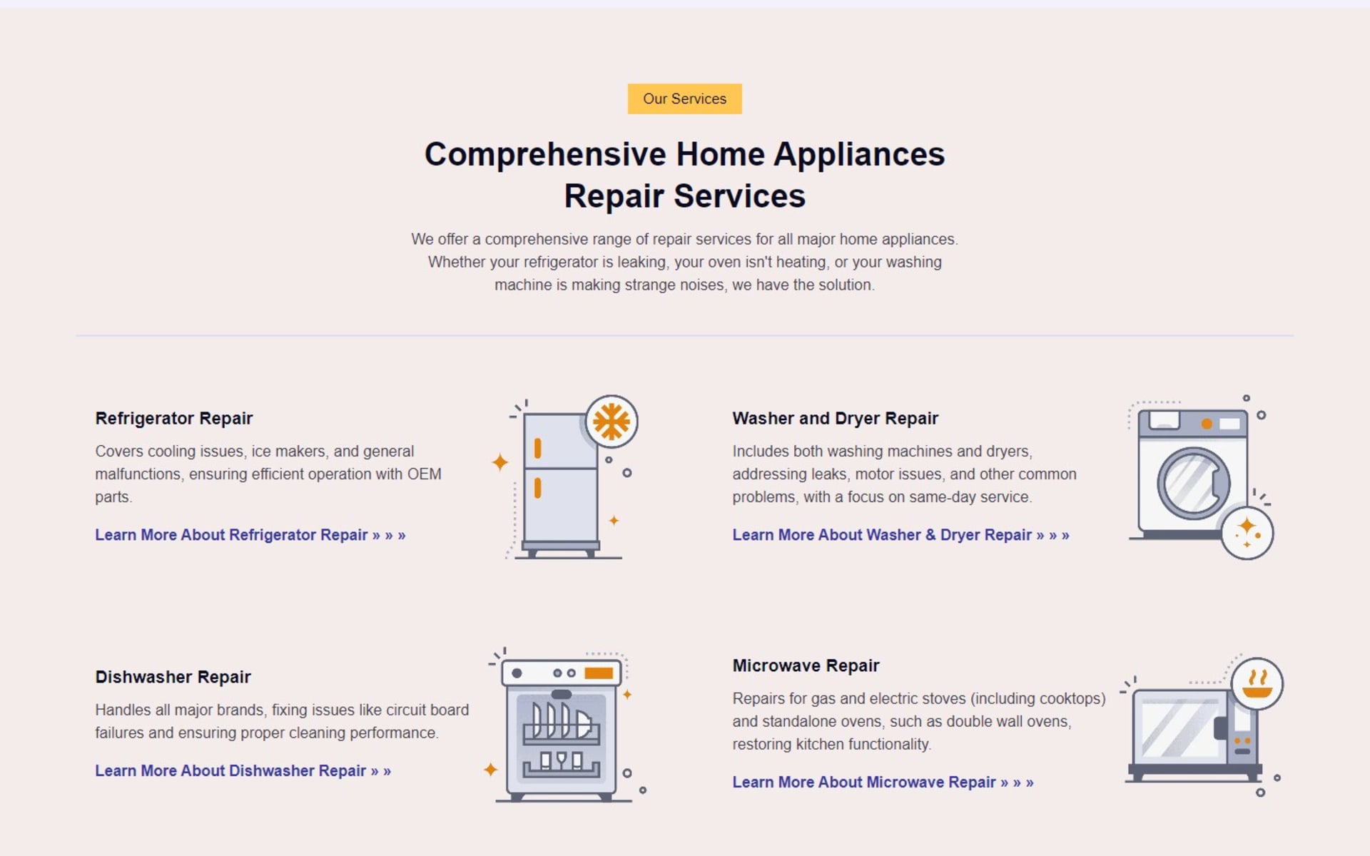 Booking website for Romano’s Appliance Repair in Palm Beach County, FL, Homepage services section: illustrated cards that link to each repair page
