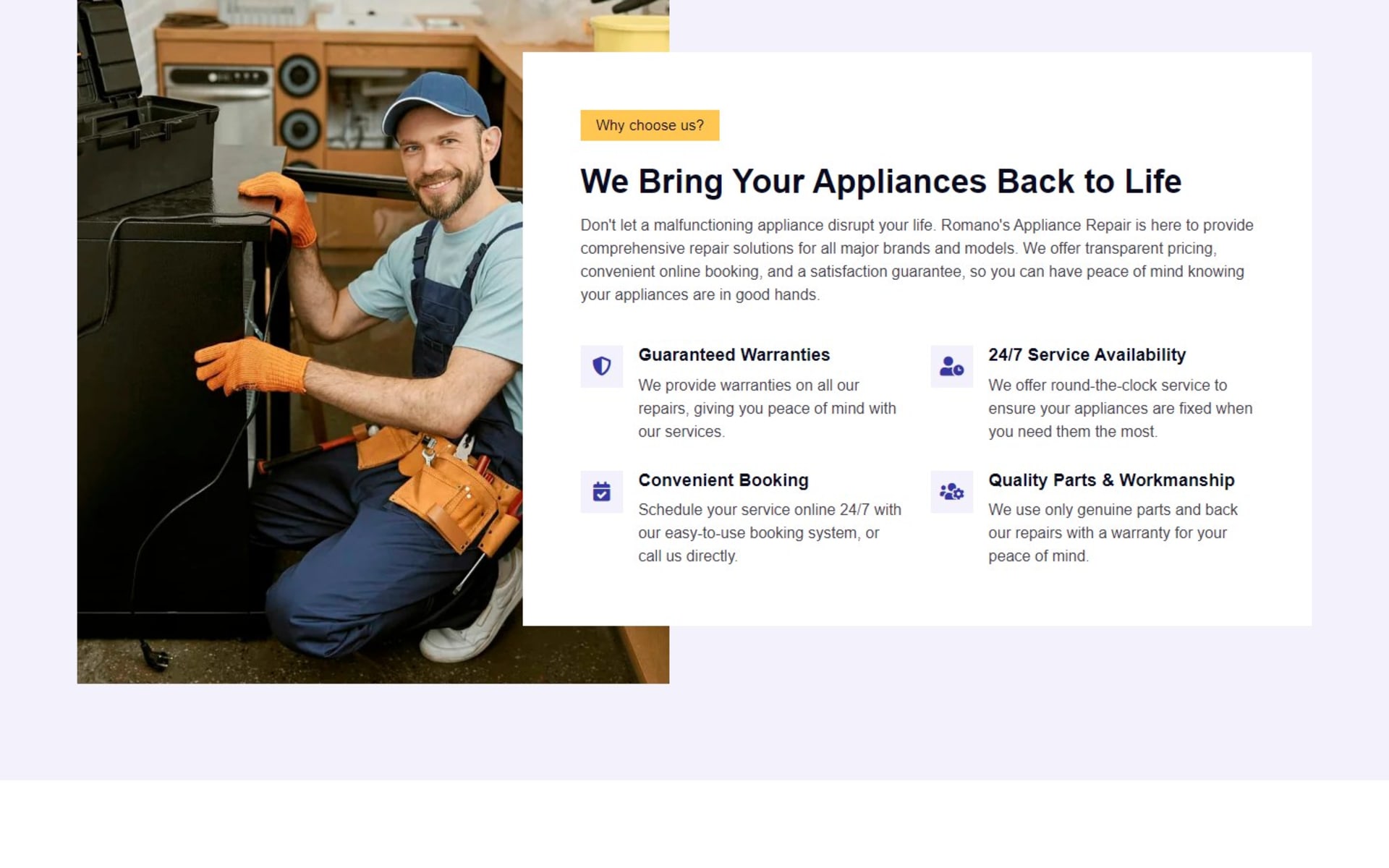 Booking website for Romano’s Appliance Repair in Palm Beach County, FL, Why choose us section: four service promises beside a technician photo