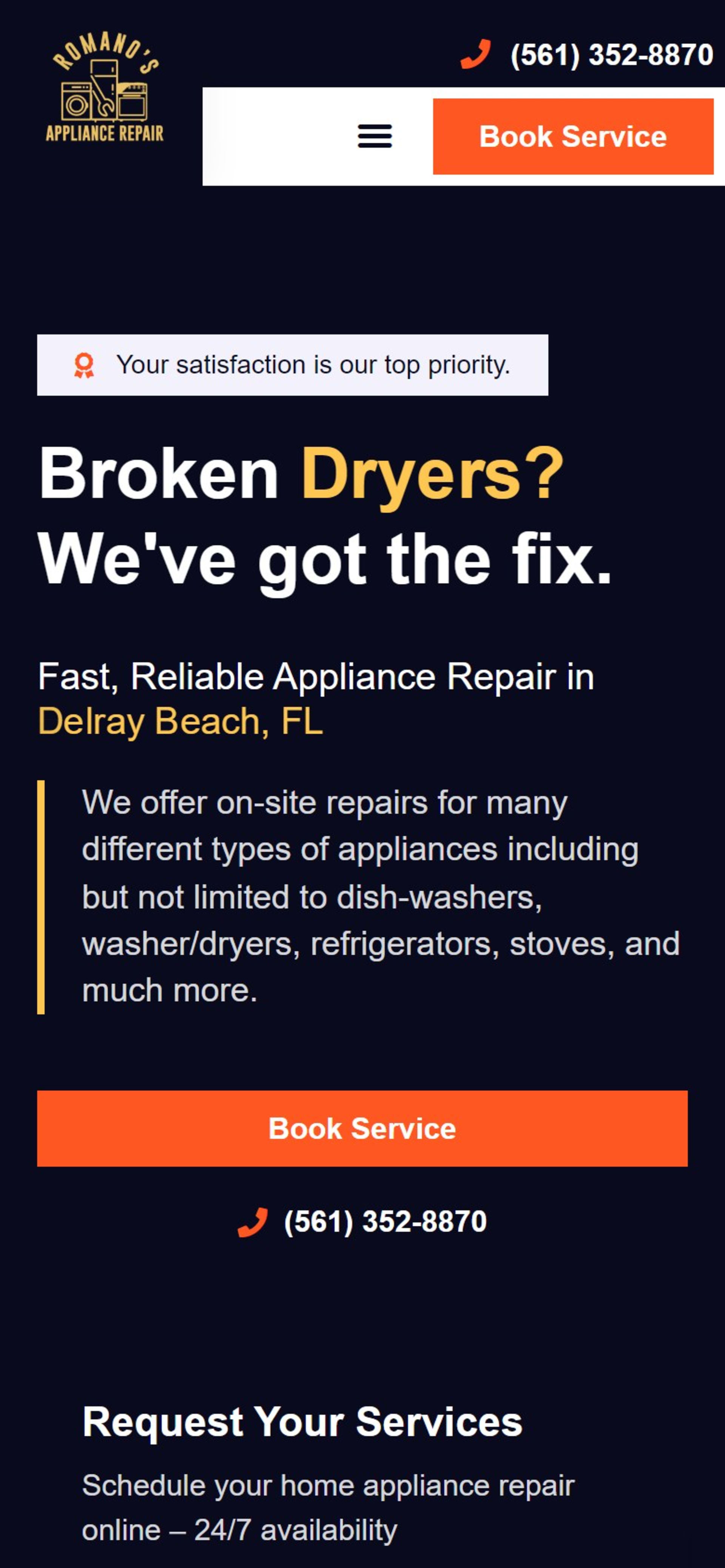 Booking website for Romano’s Appliance Repair in Palm Beach County, FL, On a phone: the cycling headline, a full-width Book Service button and a tap-to-call number