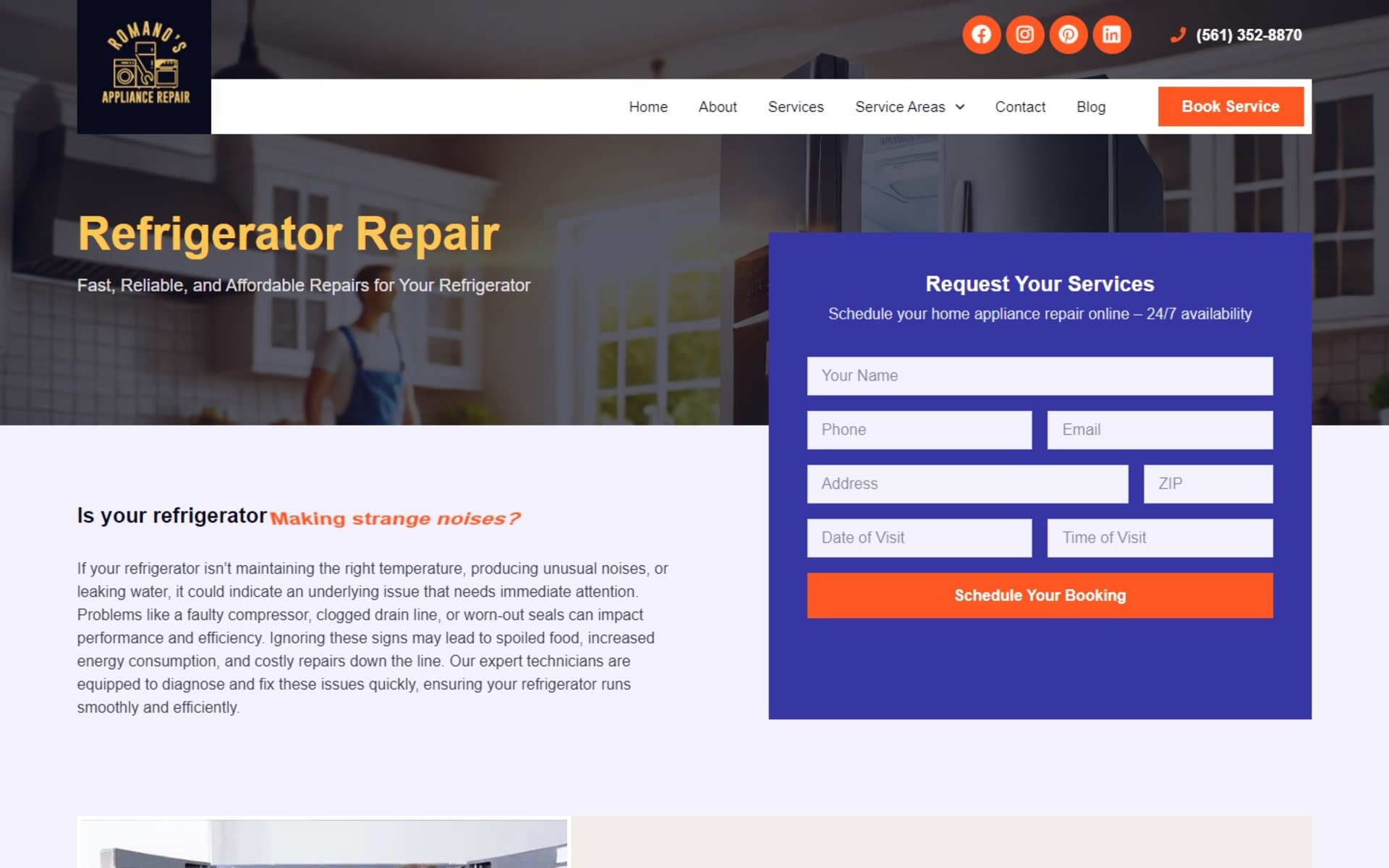 Booking website for Romano’s Appliance Repair in Palm Beach County, FL, Refrigerator repair page with a request form that asks for a date and time of visit