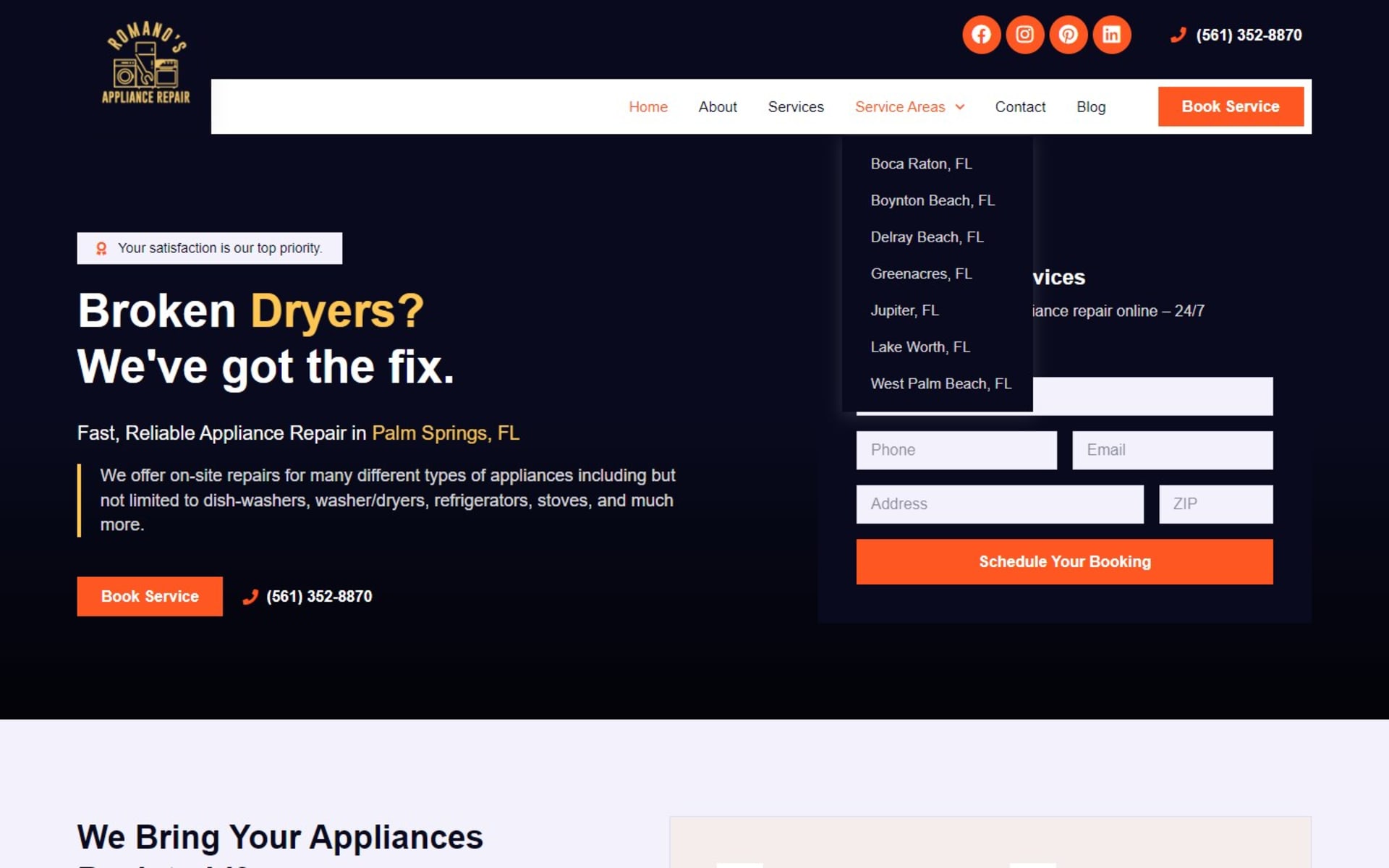Booking website for Romano’s Appliance Repair in Palm Beach County, FL, Service Areas menu open: seven Palm Beach County town pages, from Boca Raton to West Palm Beach