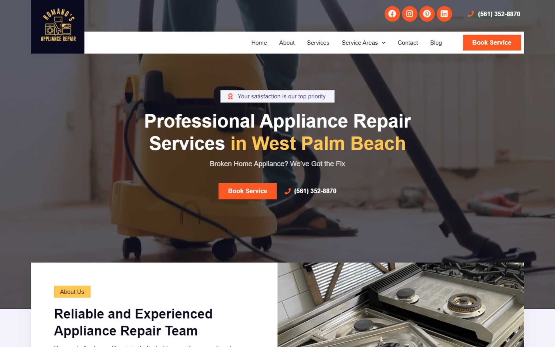 Booking website for Romano’s Appliance Repair in Palm Beach County, FL, Town page for West Palm Beach with Book Service and call buttons