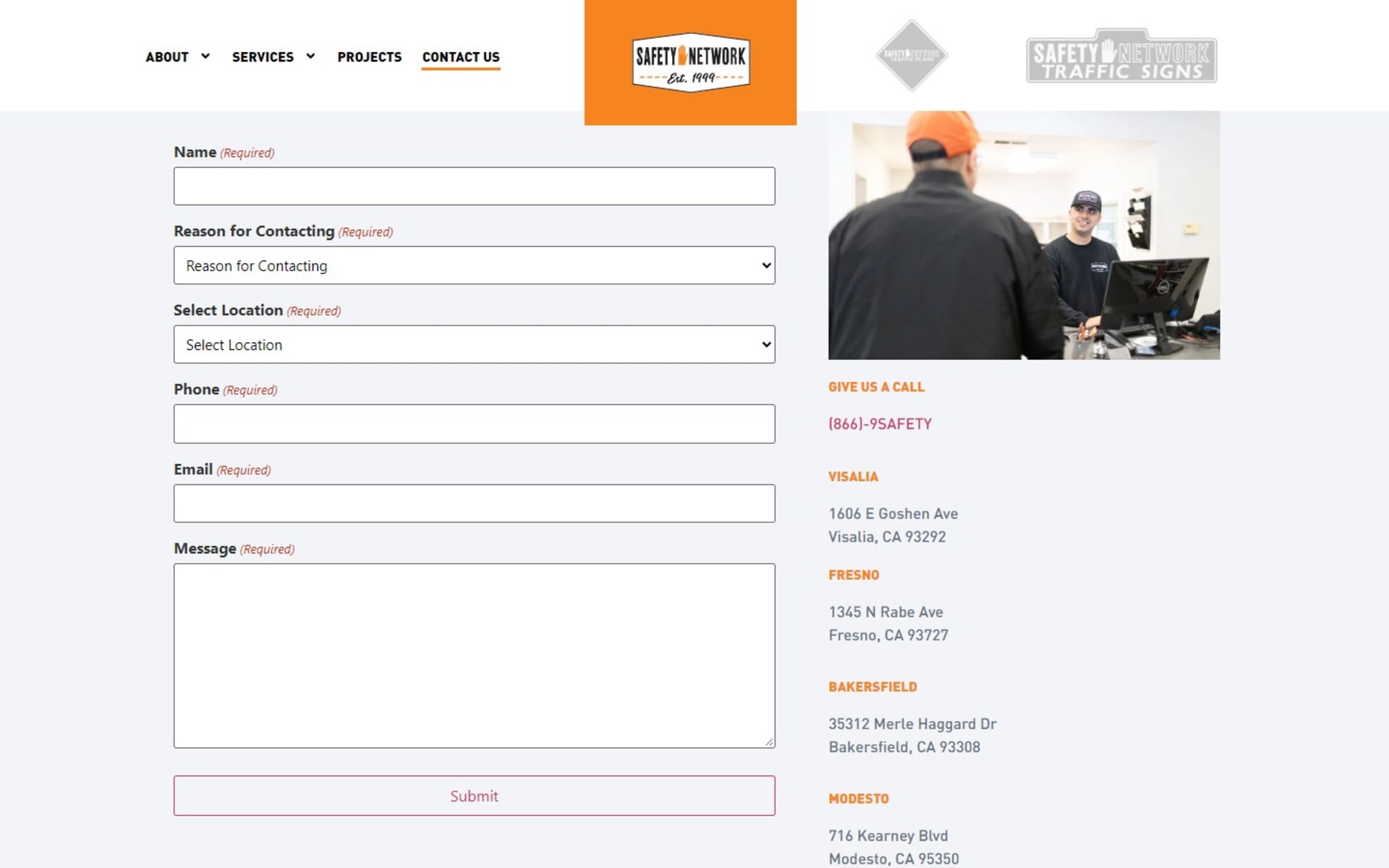 Three-division traffic control website for Safety Network, Inc., Proposal form that asks for the reason and the branch, beside the branch addresses