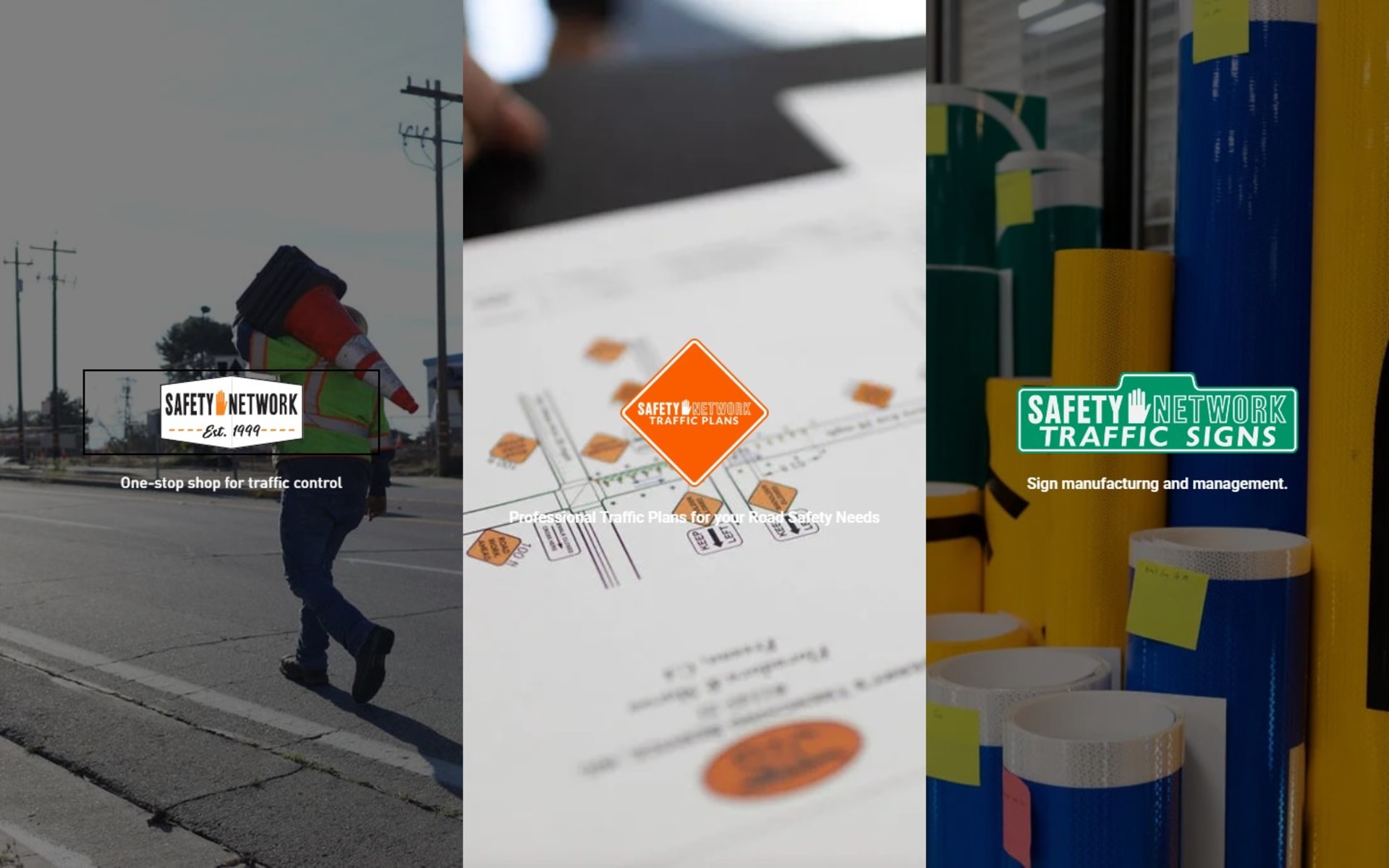 Three-division traffic control website for Safety Network, Inc., On a first visit, full-height panels for traffic control, traffic plans and traffic signs