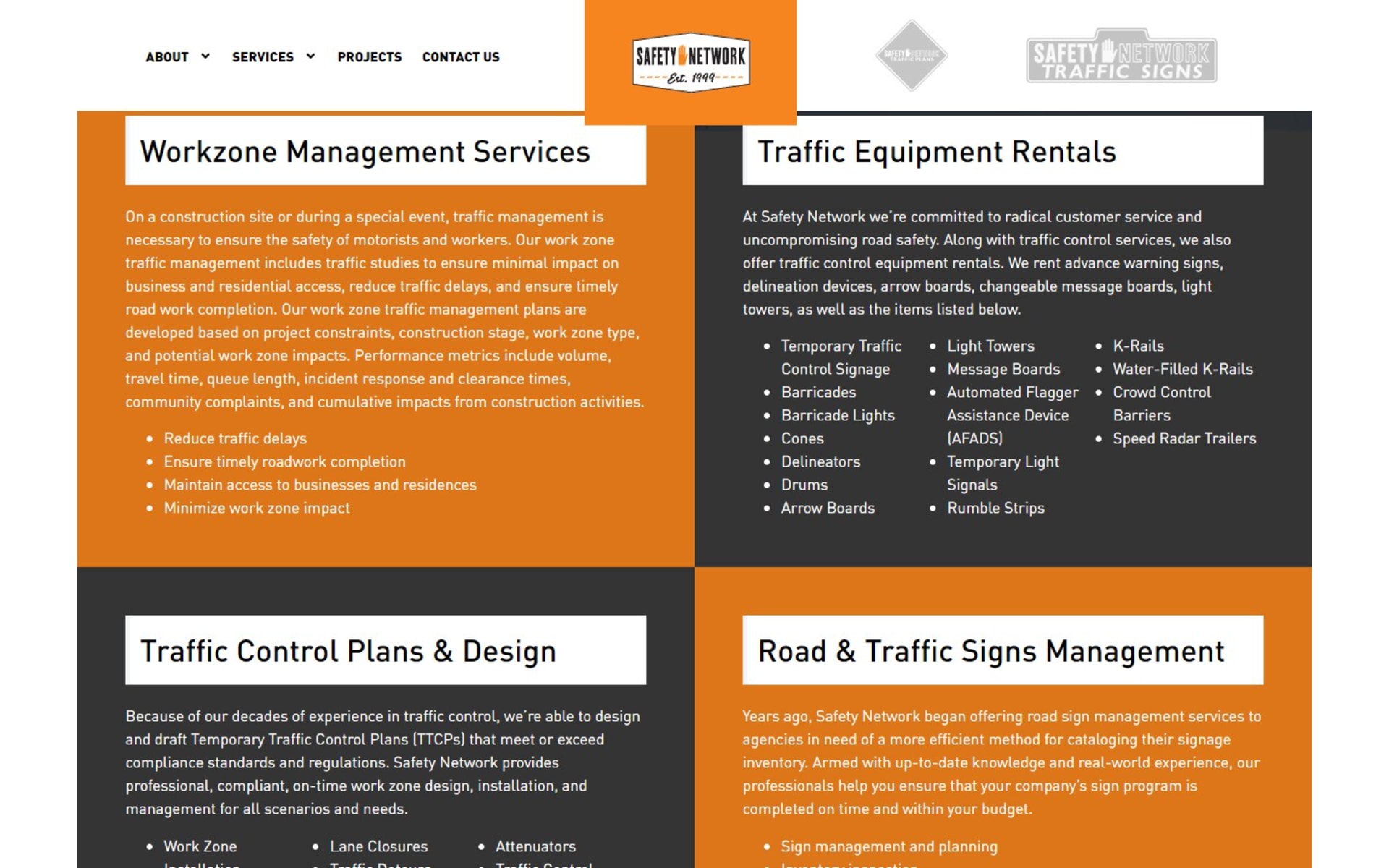 Three-division traffic control website for Safety Network, Inc., Homepage panels: work zone management and the 16 rental device types