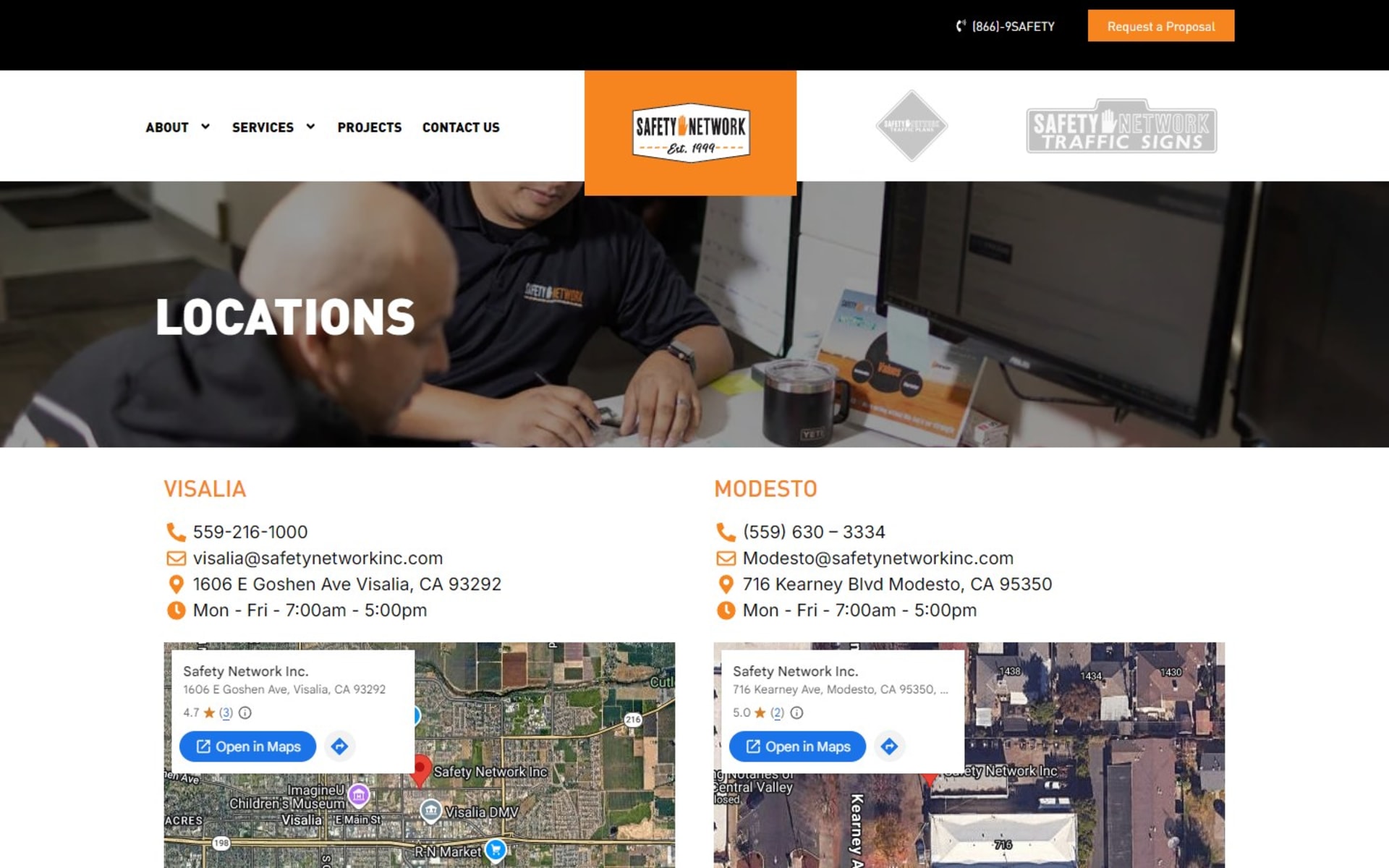 Three-division traffic control website for Safety Network, Inc., Locations page: phone, email, address, hours and a map for each branch