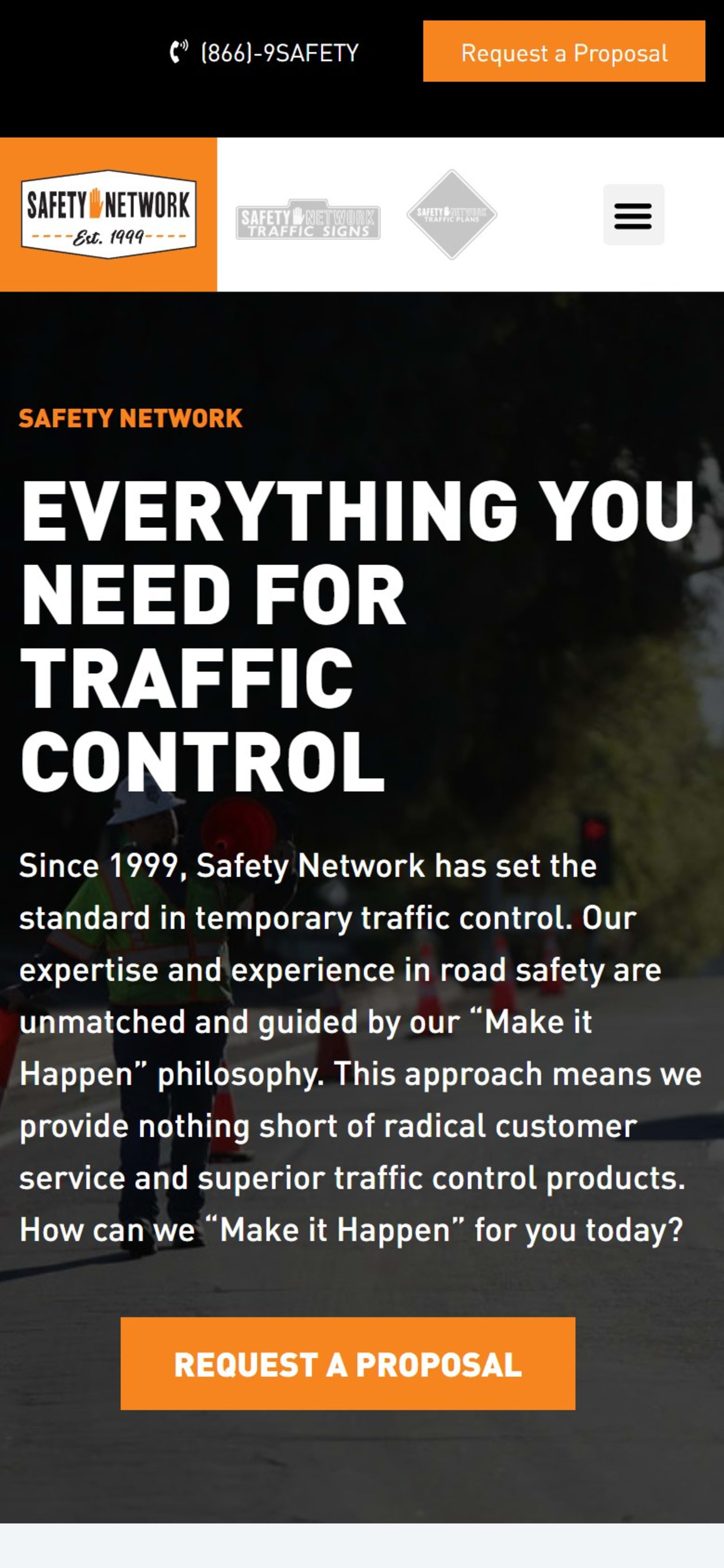 Three-division traffic control website for Safety Network, Inc., On a phone: a call bar, the three division logos and the hero