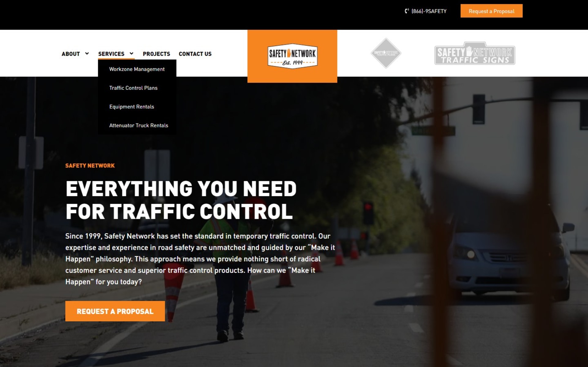 Three-division traffic control website for Safety Network, Inc., Services menu: work zone management, traffic control plans, equipment rentals and attenuator trucks