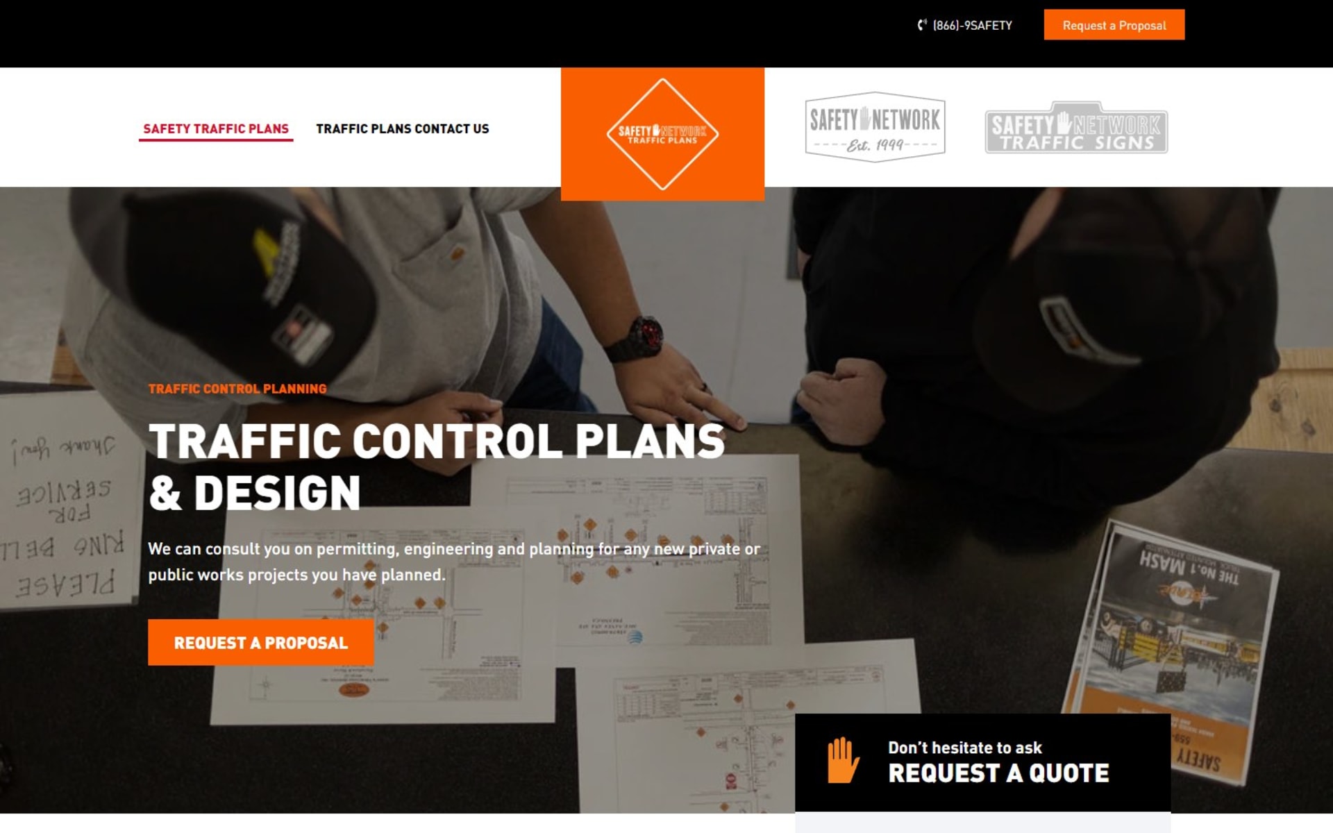 Three-division traffic control website for Safety Network, Inc., Traffic plans section: the diamond plans logo moves to the center of the header
