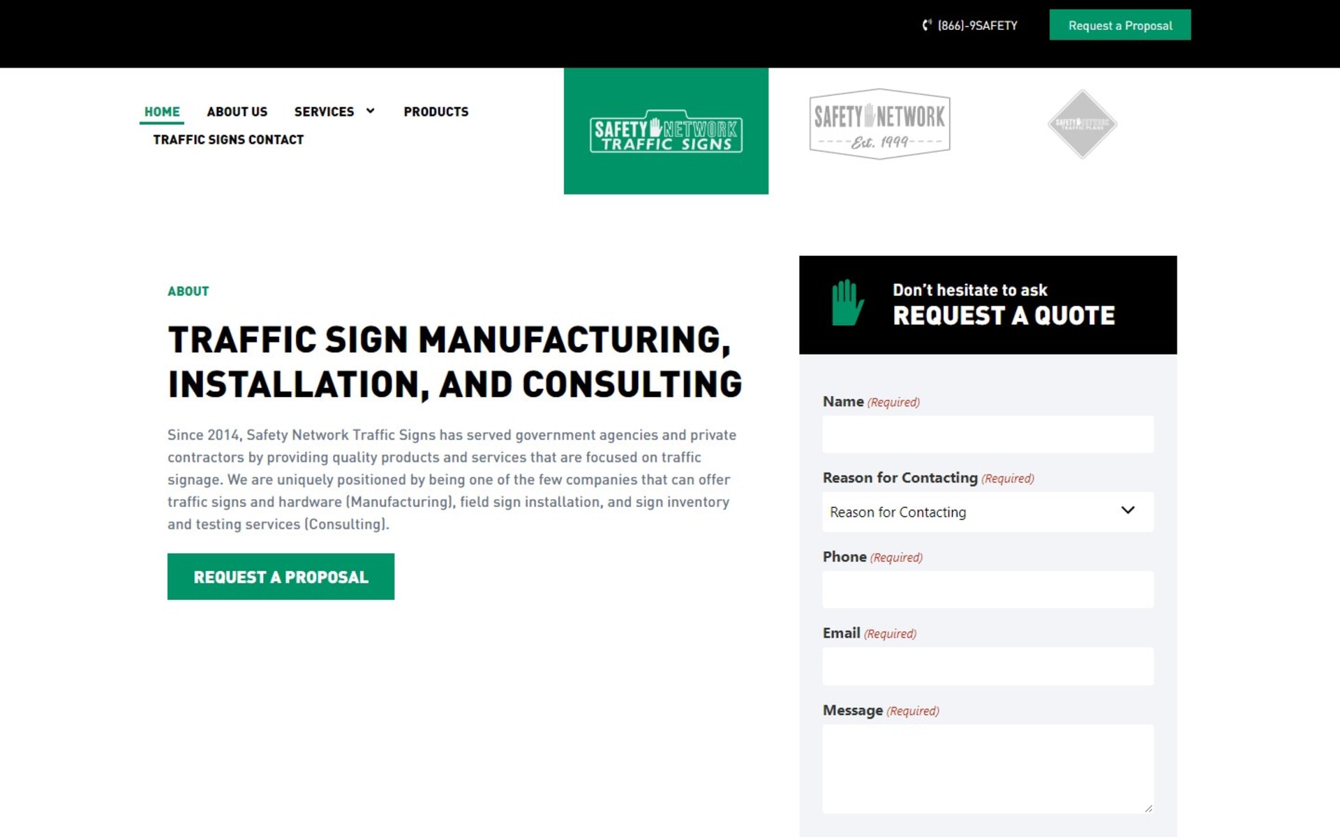 Three-division traffic control website for Safety Network, Inc., Traffic signs section in green, with a quote form beside the intro