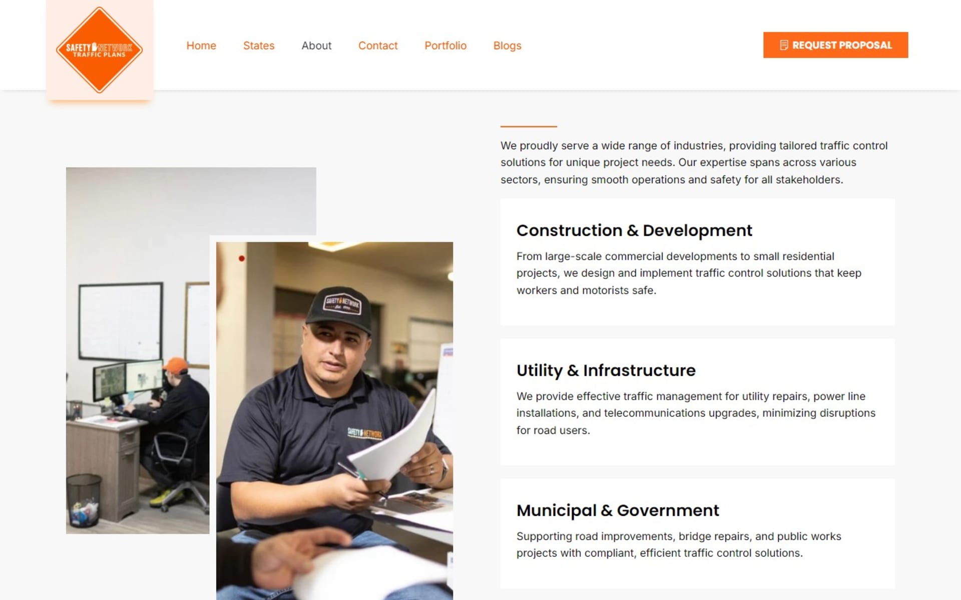 Nationwide traffic plans site for Safety Network Traffic Plans, About page: the industries served, from construction to municipal work