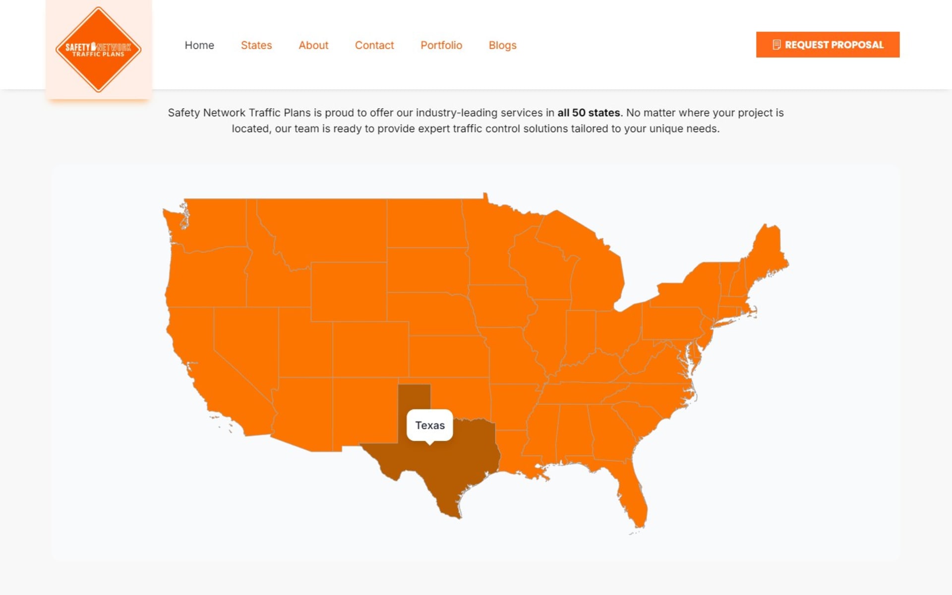 Nationwide traffic plans site for Safety Network Traffic Plans, US map: hovering a state highlights it, and a click opens that state’s page