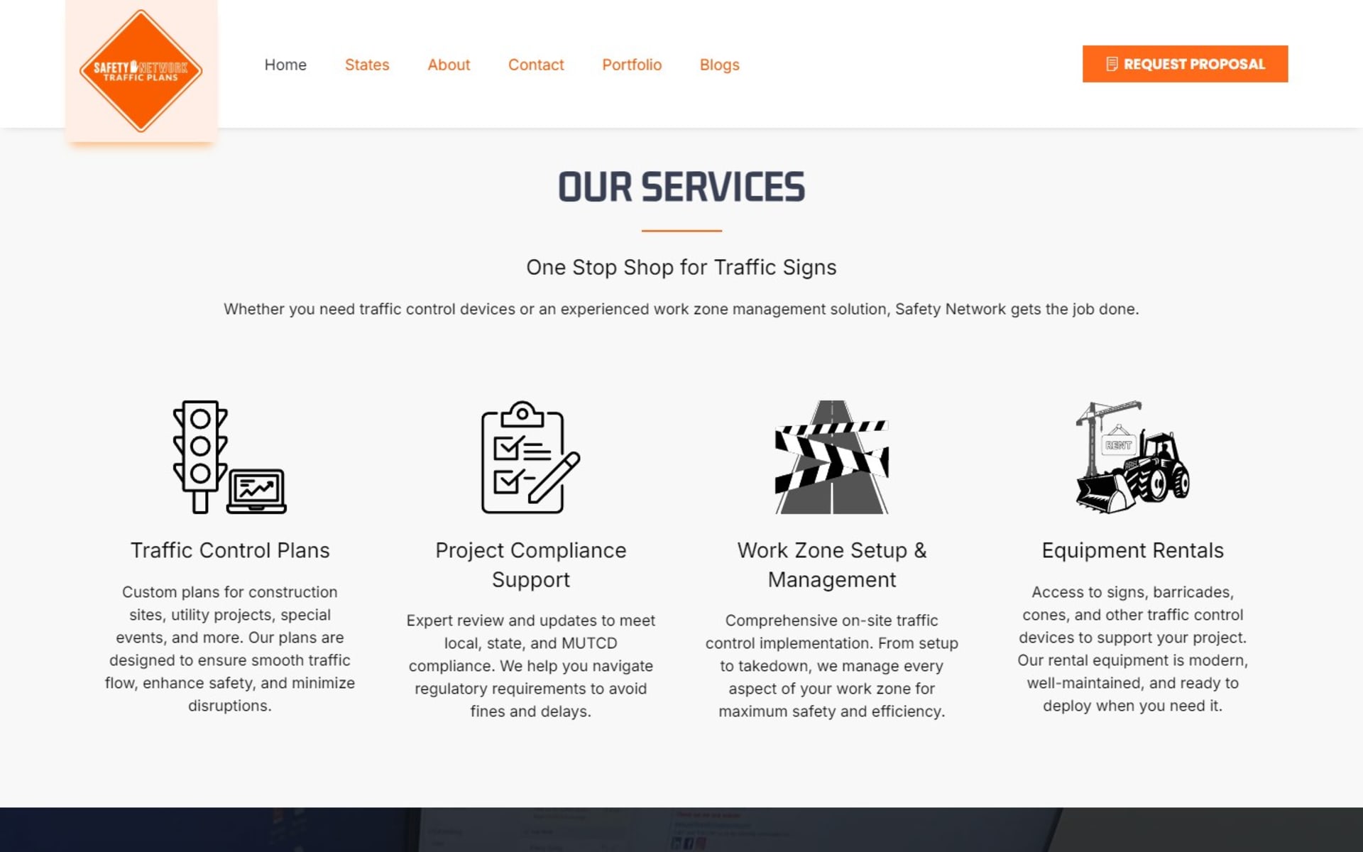 Nationwide traffic plans site for Safety Network Traffic Plans, Four services, from traffic control plans to equipment rentals