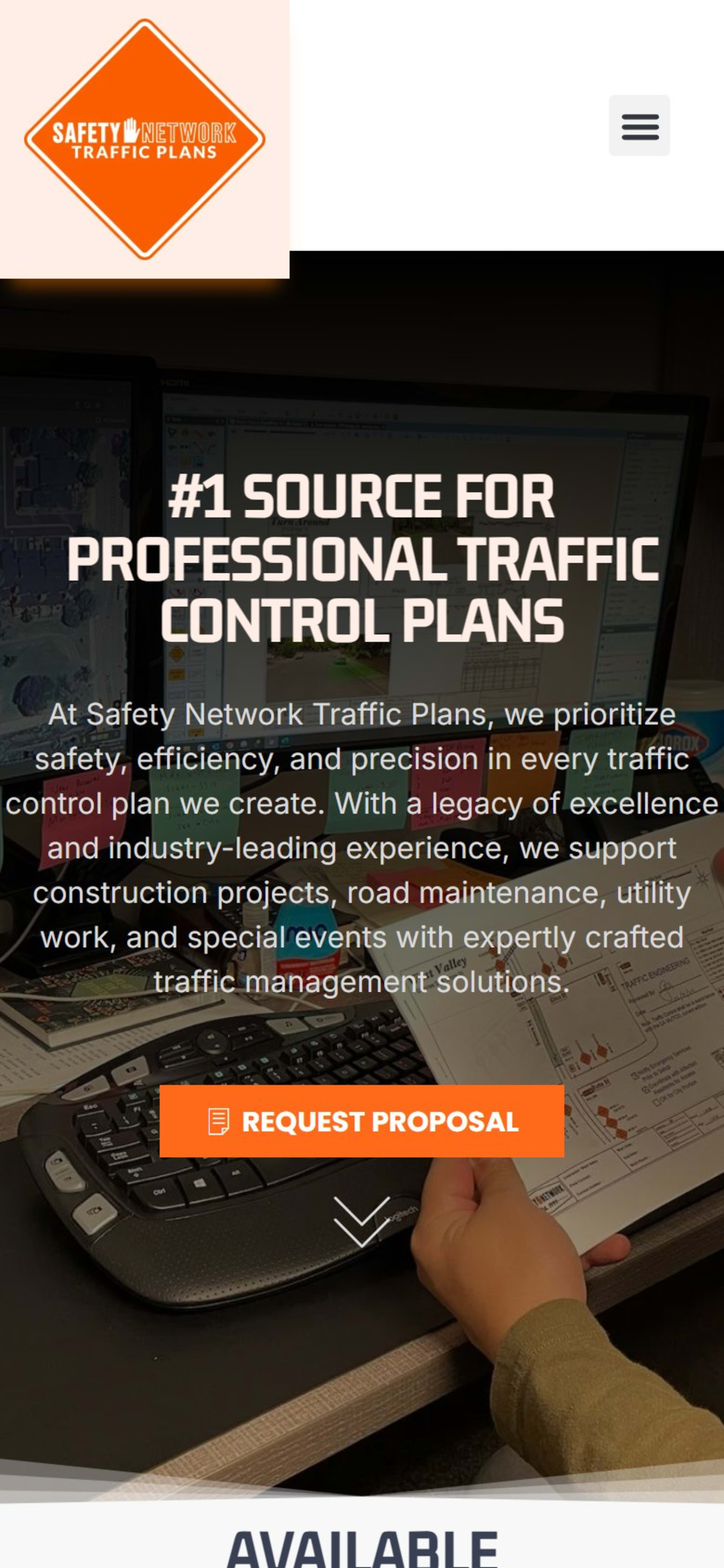Nationwide traffic plans site for Safety Network Traffic Plans, On a phone: the diamond logo and menu button above the hero
