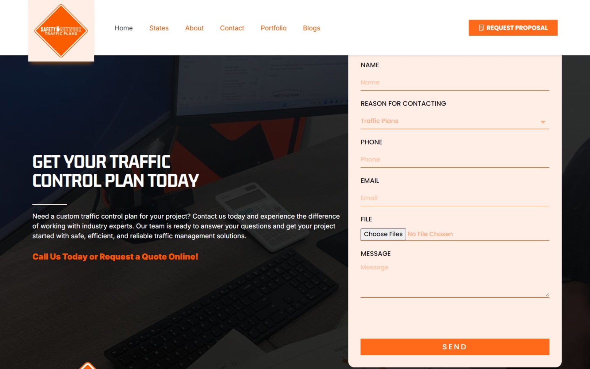 Nationwide traffic plans site for Safety Network Traffic Plans, The proposal form on every page, with a reason menu and a file upload
