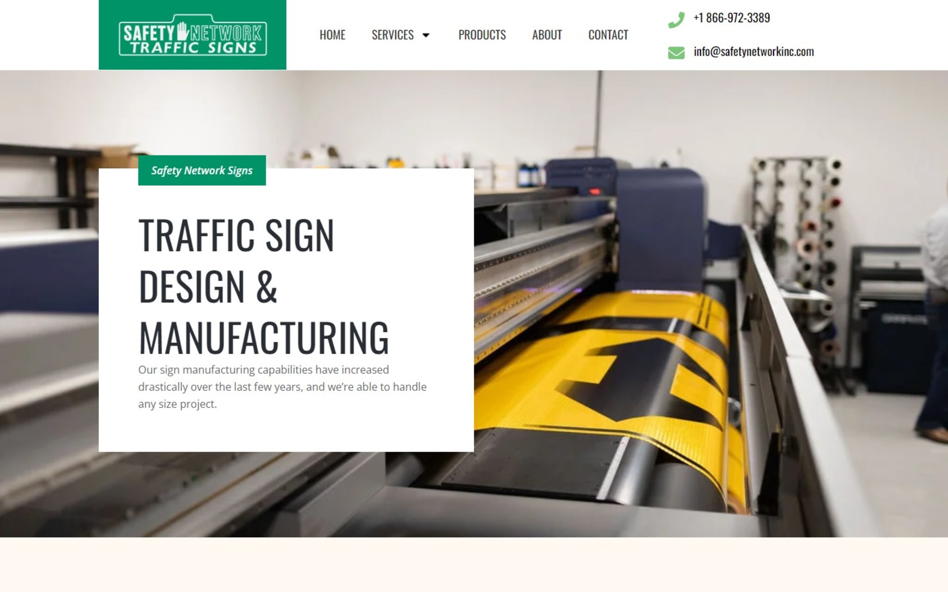 Website and quote-only catalog for Safety Network Traffic Signs, Design and manufacturing page, opening on the sign printer