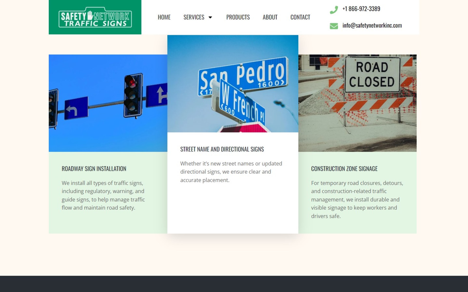 Website and quote-only catalog for Safety Network Traffic Signs, Installation page: roadway, street name and construction zone signage