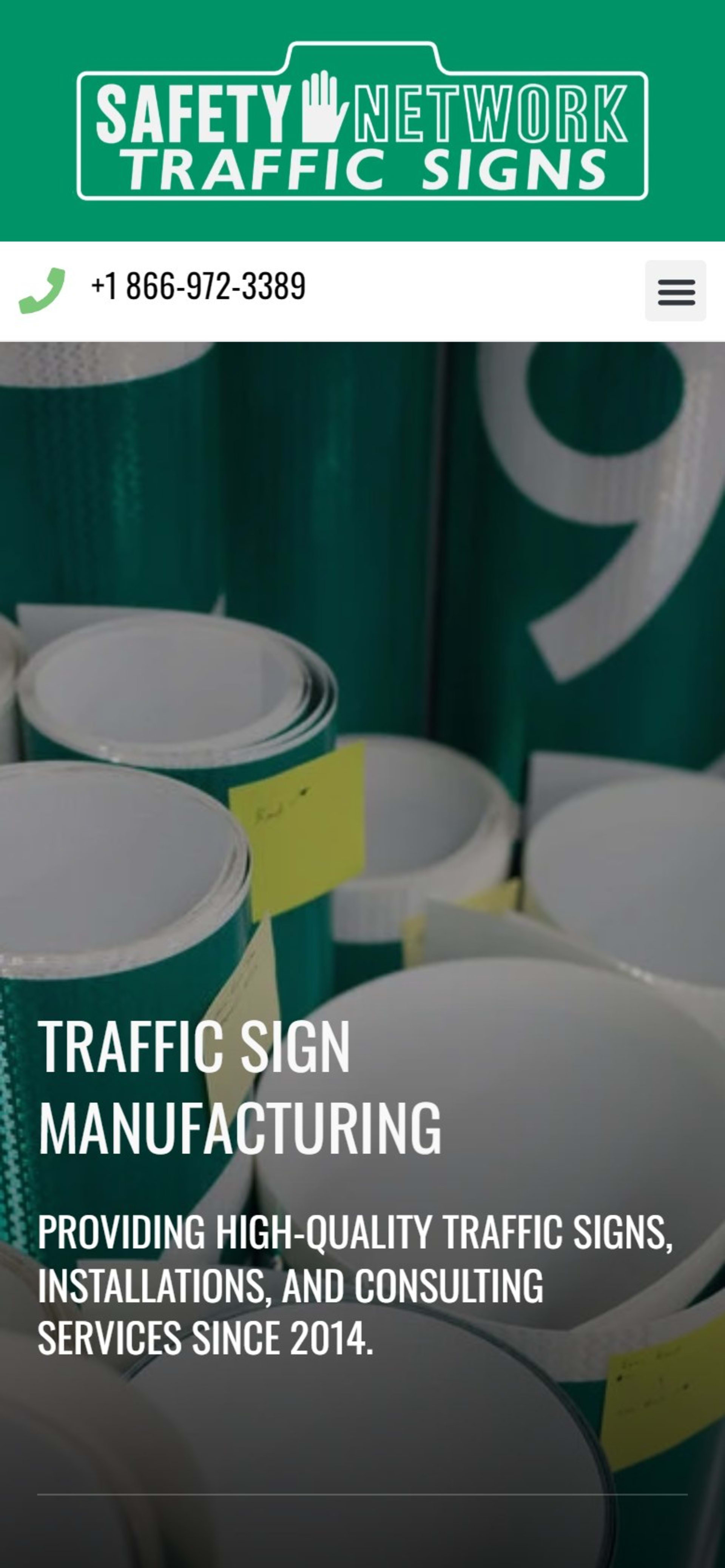 Website and quote-only catalog for Safety Network Traffic Signs, On a phone: the logo, a tap-to-call number and the menu button