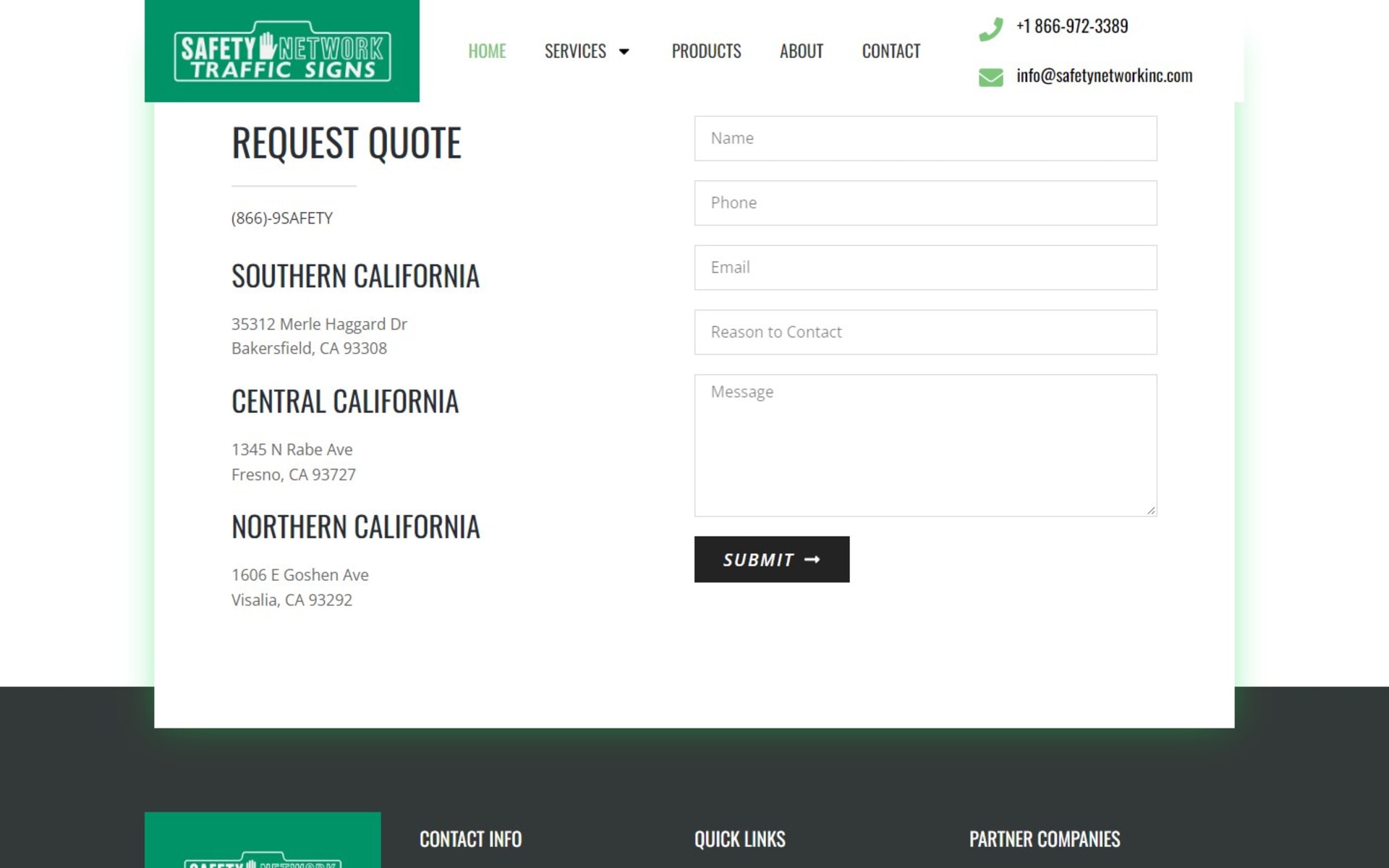 Website and quote-only catalog for Safety Network Traffic Signs, The quote form at the foot of every page, beside three California addresses