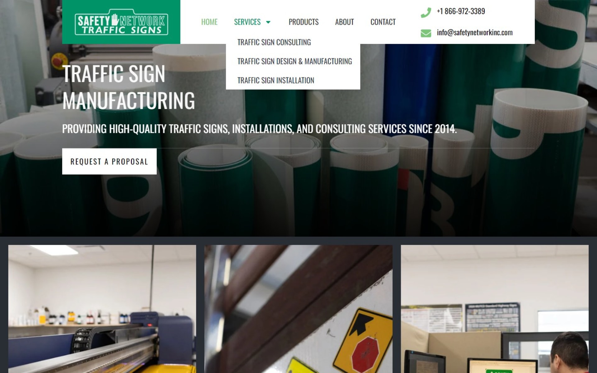 Website and quote-only catalog for Safety Network Traffic Signs, Services menu: consulting, design and manufacturing, and installation