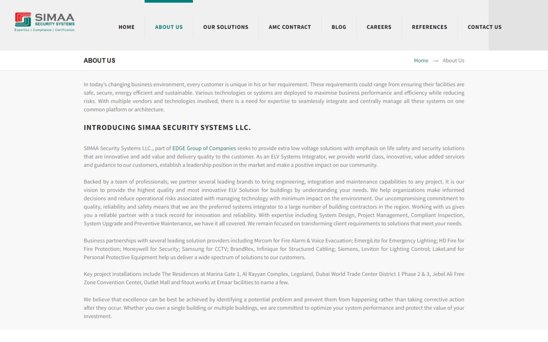 WordPress website for Simaa Security Systems, a Dubai ELV integrator, About page: partner brands for fire alarm, lighting, CCTV and cabling, and key projects in Dubai