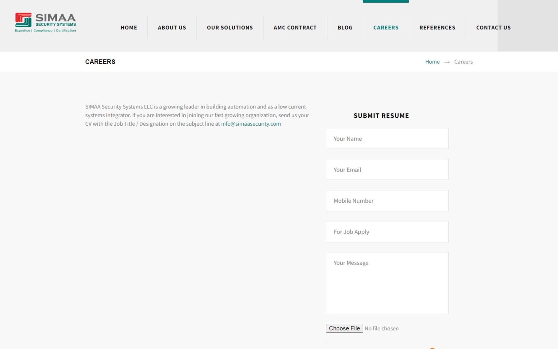 WordPress website for Simaa Security Systems, a Dubai ELV integrator, Careers page: a resume form with a CV upload beside the hiring note