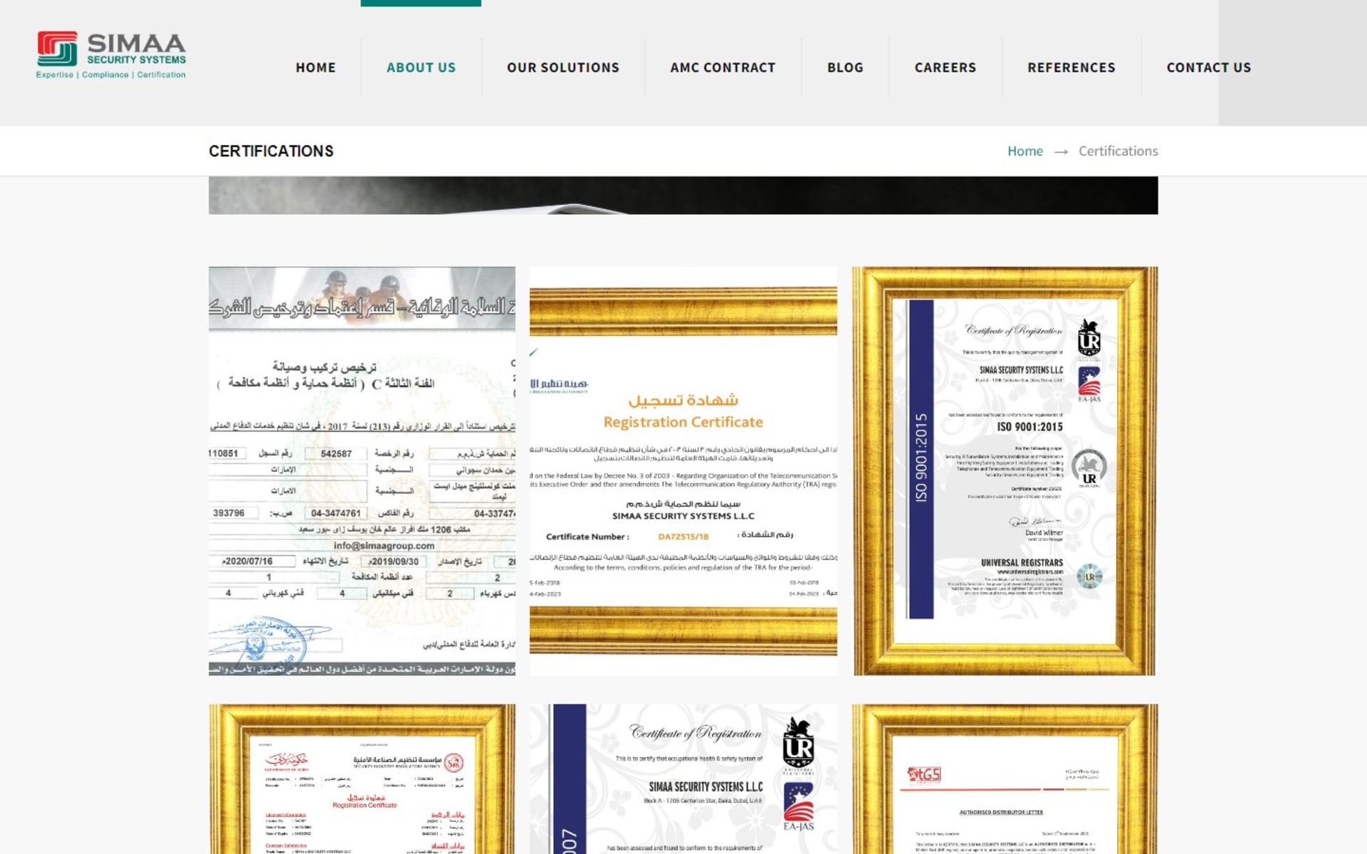 WordPress website for Simaa Security Systems, a Dubai ELV integrator, Certifications page: a framed gallery of approvals from Dubai Civil Defense, the TRA and ISO 9001
