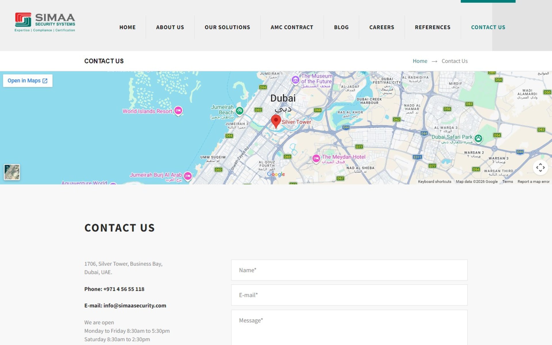 WordPress website for Simaa Security Systems, a Dubai ELV integrator, Contact page: a Google map of the Business Bay office above the address, hours and a contact form