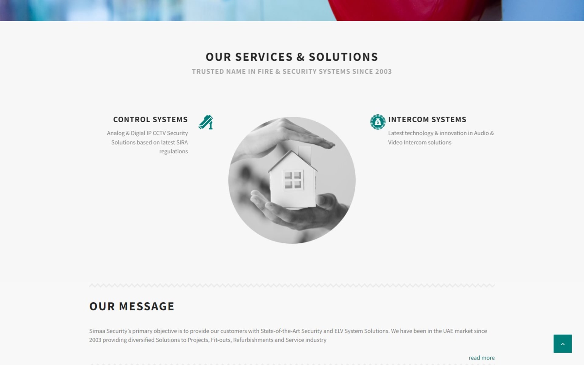 WordPress website for Simaa Security Systems, a Dubai ELV integrator, Homepage services block: control and intercom systems set around a central image