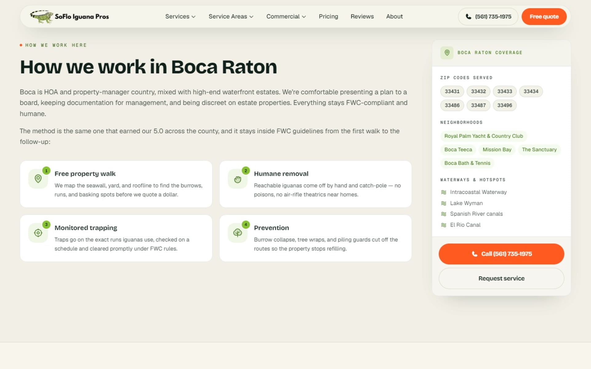 Next.js website for SoFlo Iguana Pros, iguana removal in South Florida, Boca Raton city page: how the crew works there, with ZIP codes, neighborhoods and waterways