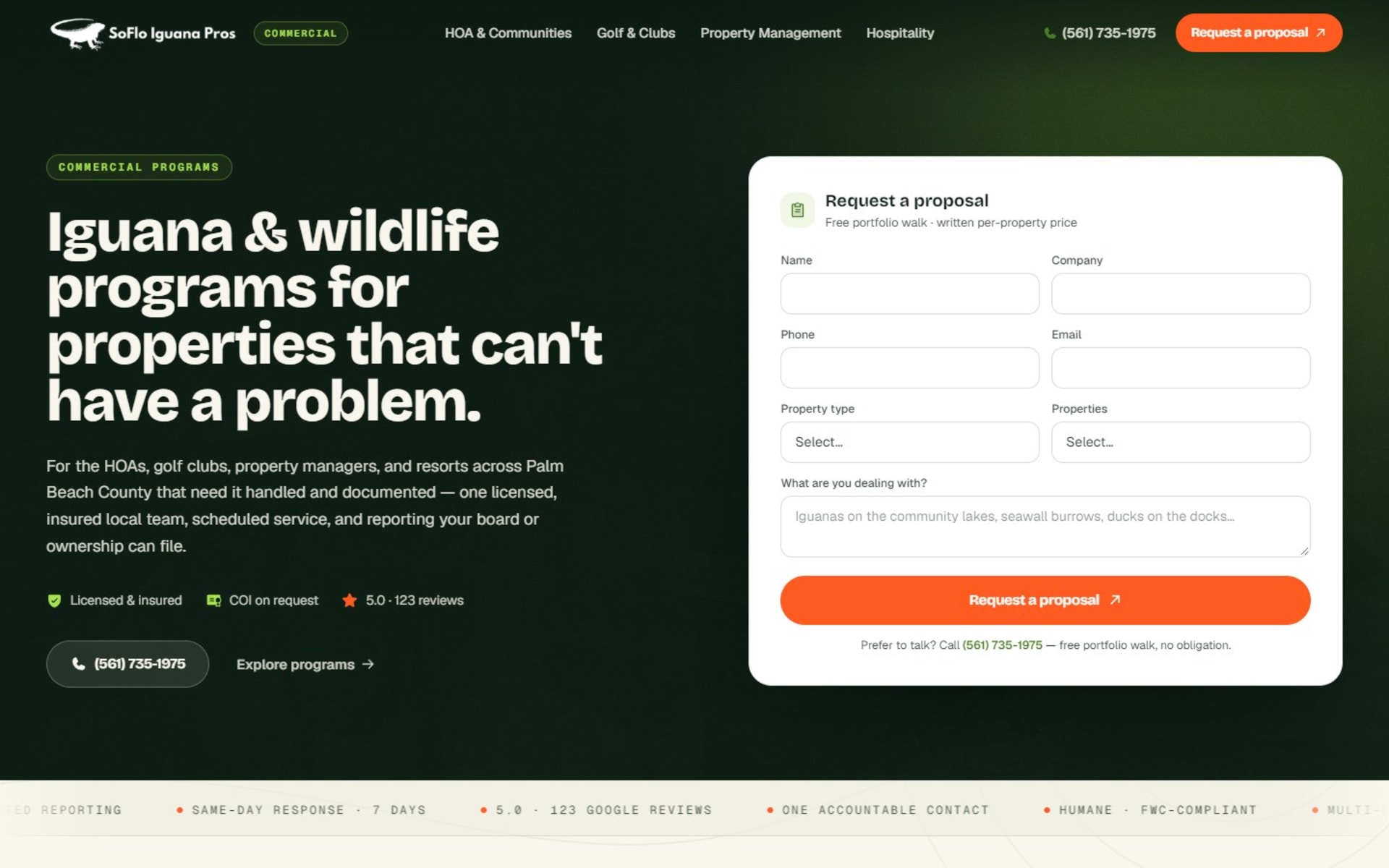 Next.js website for SoFlo Iguana Pros, iguana removal in South Florida, Commercial section: its own menu and a proposal form for HOAs, golf clubs and property managers