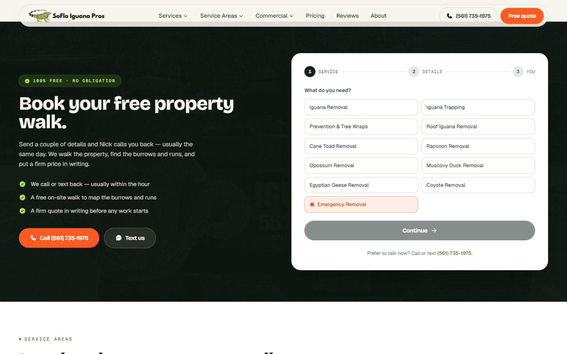 Next.js website for SoFlo Iguana Pros, iguana removal in South Florida, Three-step request form on the homepage: pick a service, add property details, then contact info
