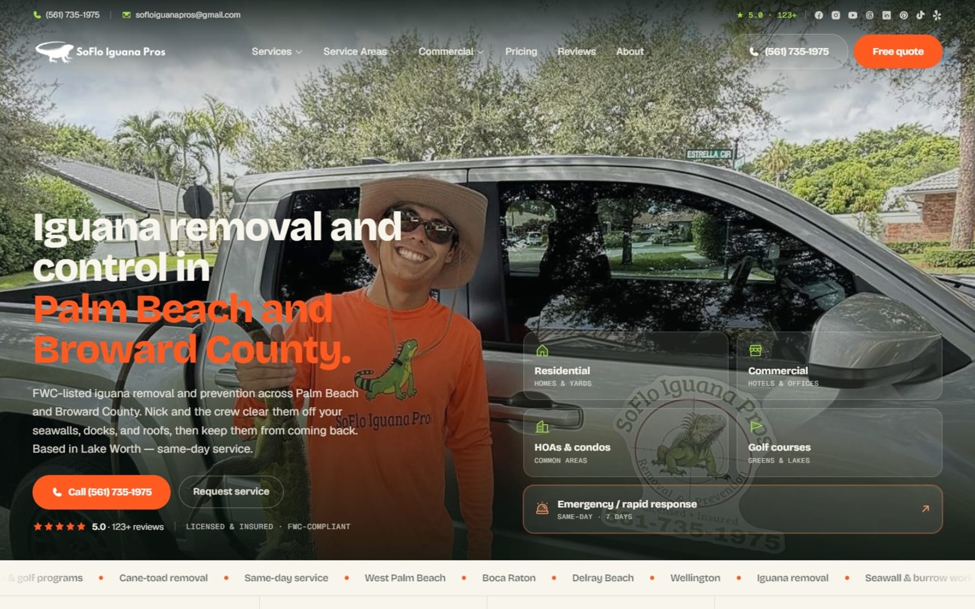 Next.js website for SoFlo Iguana Pros, iguana removal in South Florida, Homepage: the crew with the truck, call and request buttons, and shortcuts for residential, commercial, HOA, golf and emergency work