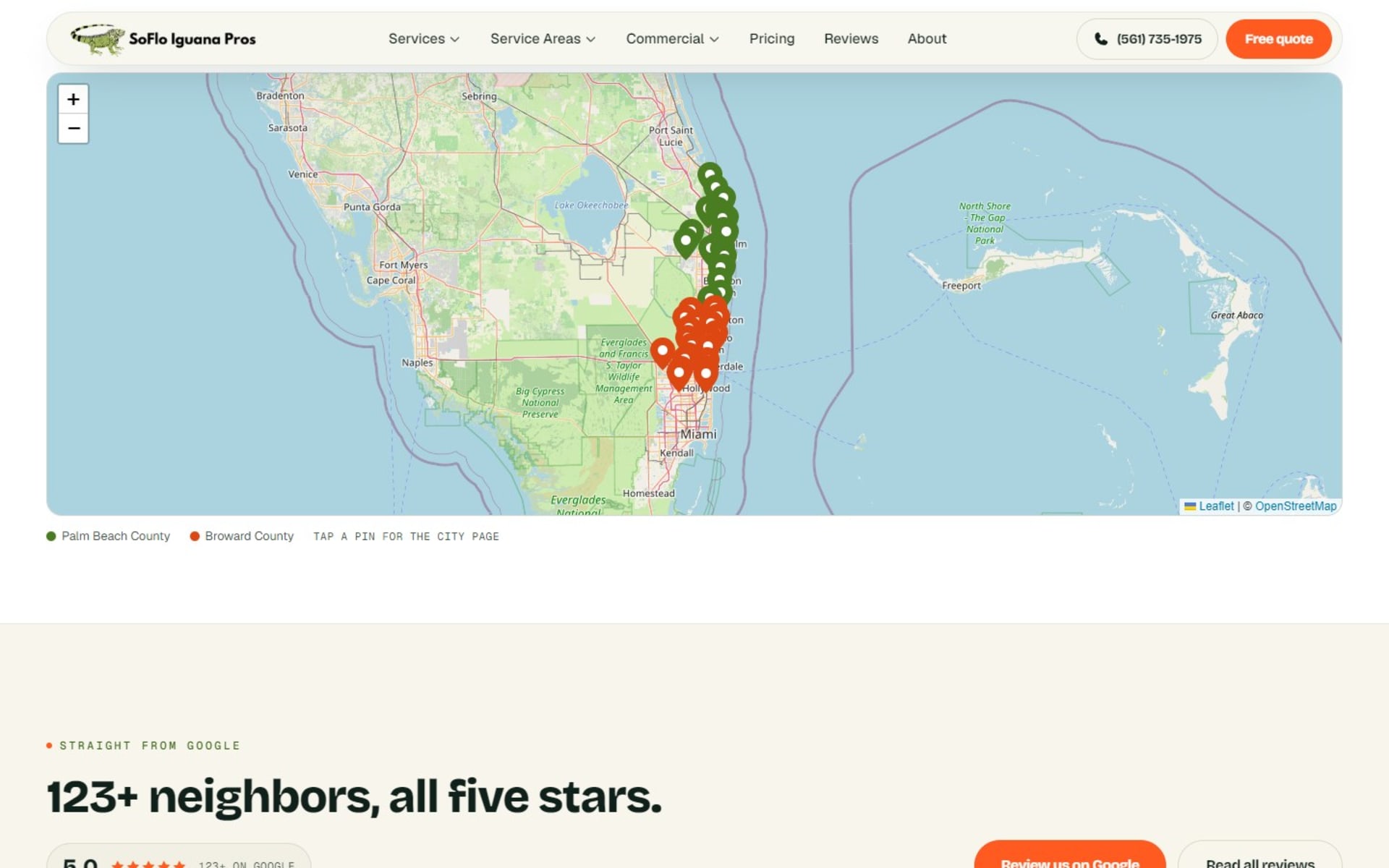 Next.js website for SoFlo Iguana Pros, iguana removal in South Florida, Service-area map: a pin for each city page, colored by county