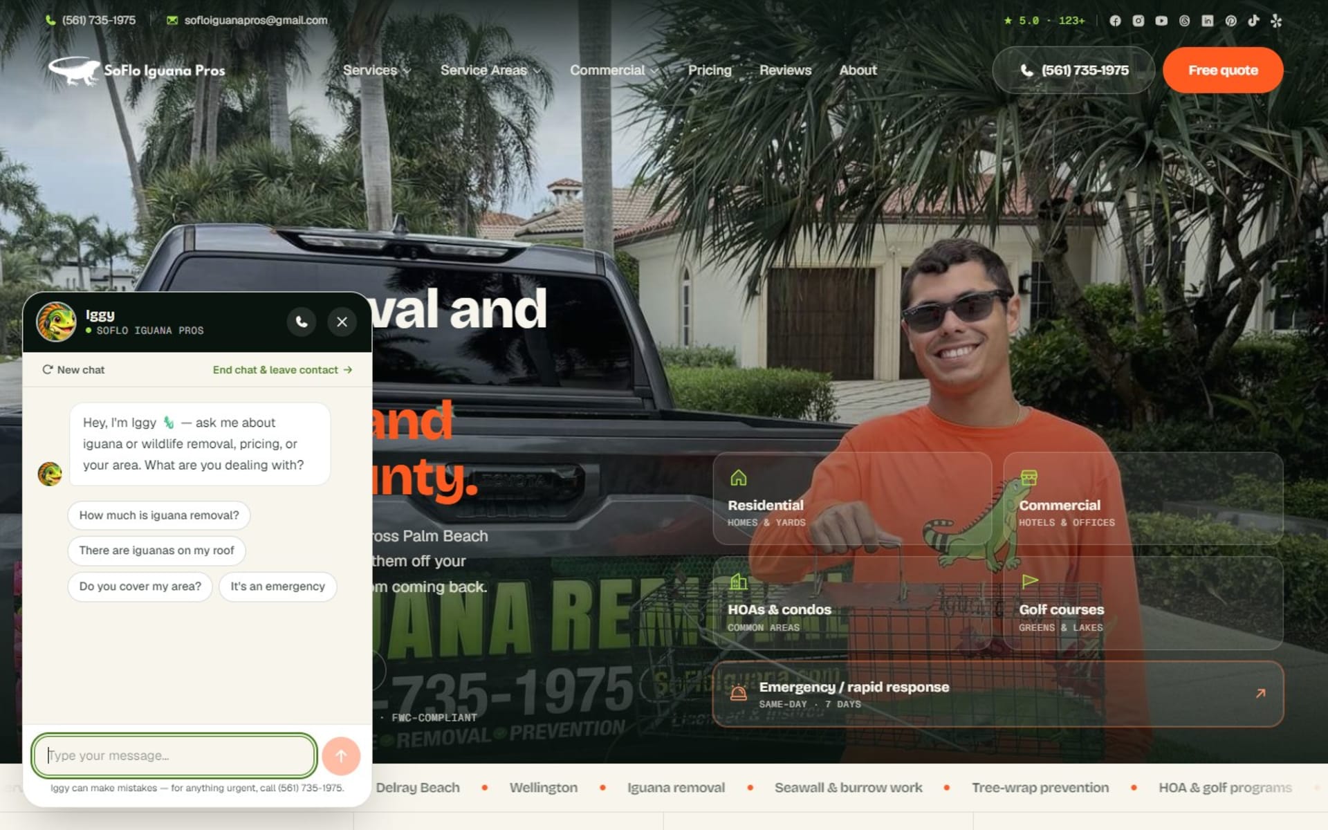 Next.js website for SoFlo Iguana Pros, iguana removal in South Florida, Iggy, the on-site chat assistant, with quick questions about price, roofs, coverage and emergencies