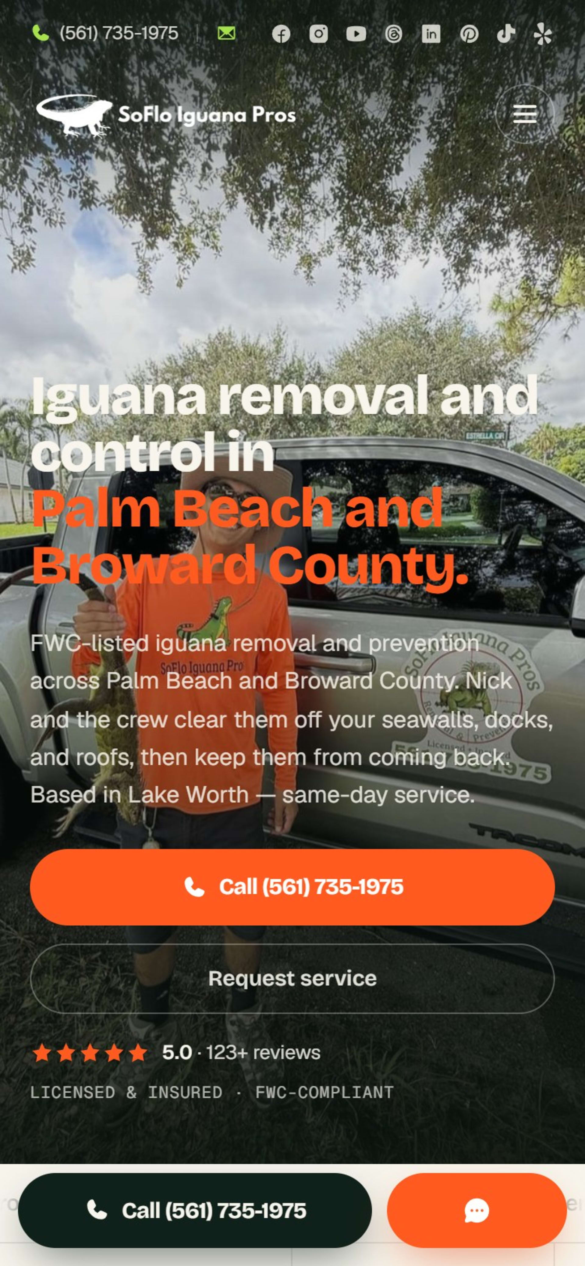 Next.js website for SoFlo Iguana Pros, iguana removal in South Florida, On a phone: the hero with call and request buttons, and a bottom bar for Call and chat