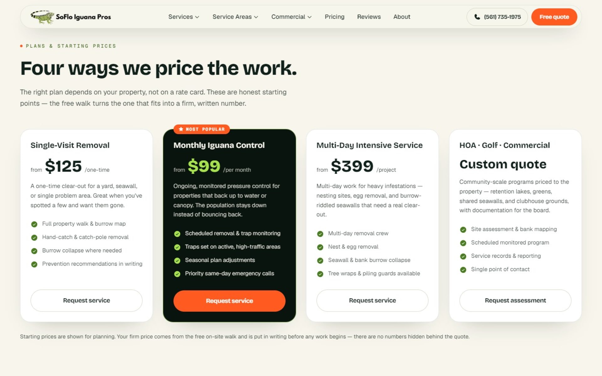 Next.js website for SoFlo Iguana Pros, iguana removal in South Florida, Pricing page: four plans, from a $125 single visit to custom commercial quotes