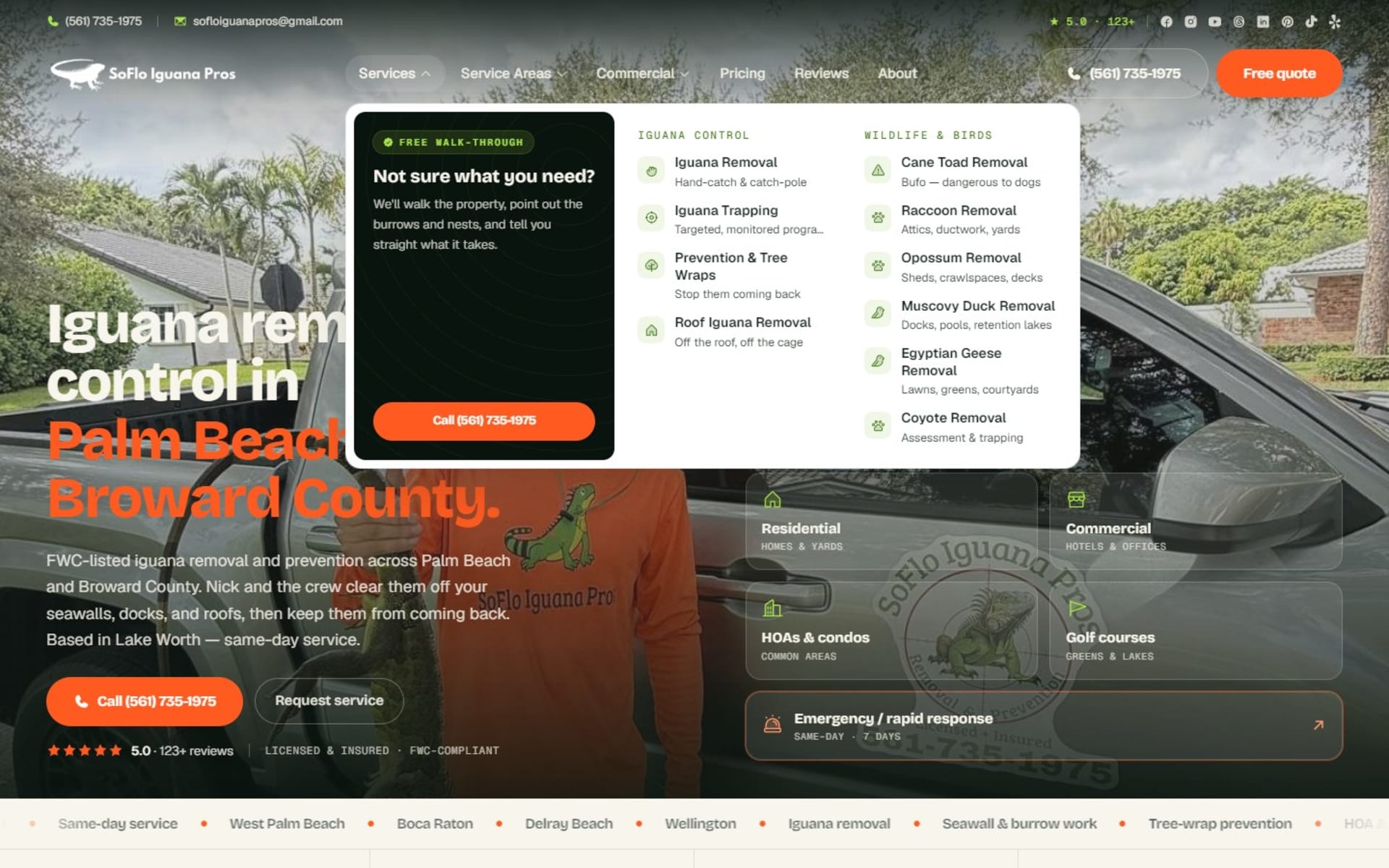 Next.js website for SoFlo Iguana Pros, iguana removal in South Florida, Services mega menu: iguana control and wildlife services beside a free walk-through panel