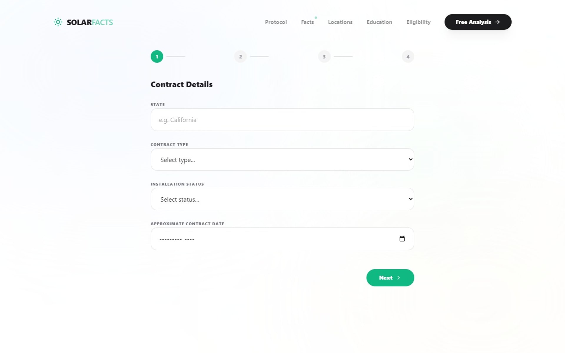 Custom React website for SolarFacts, a US solar contract help site, Eligibility questionnaire, step 1 of 4: state, contract type, installation status and contract date