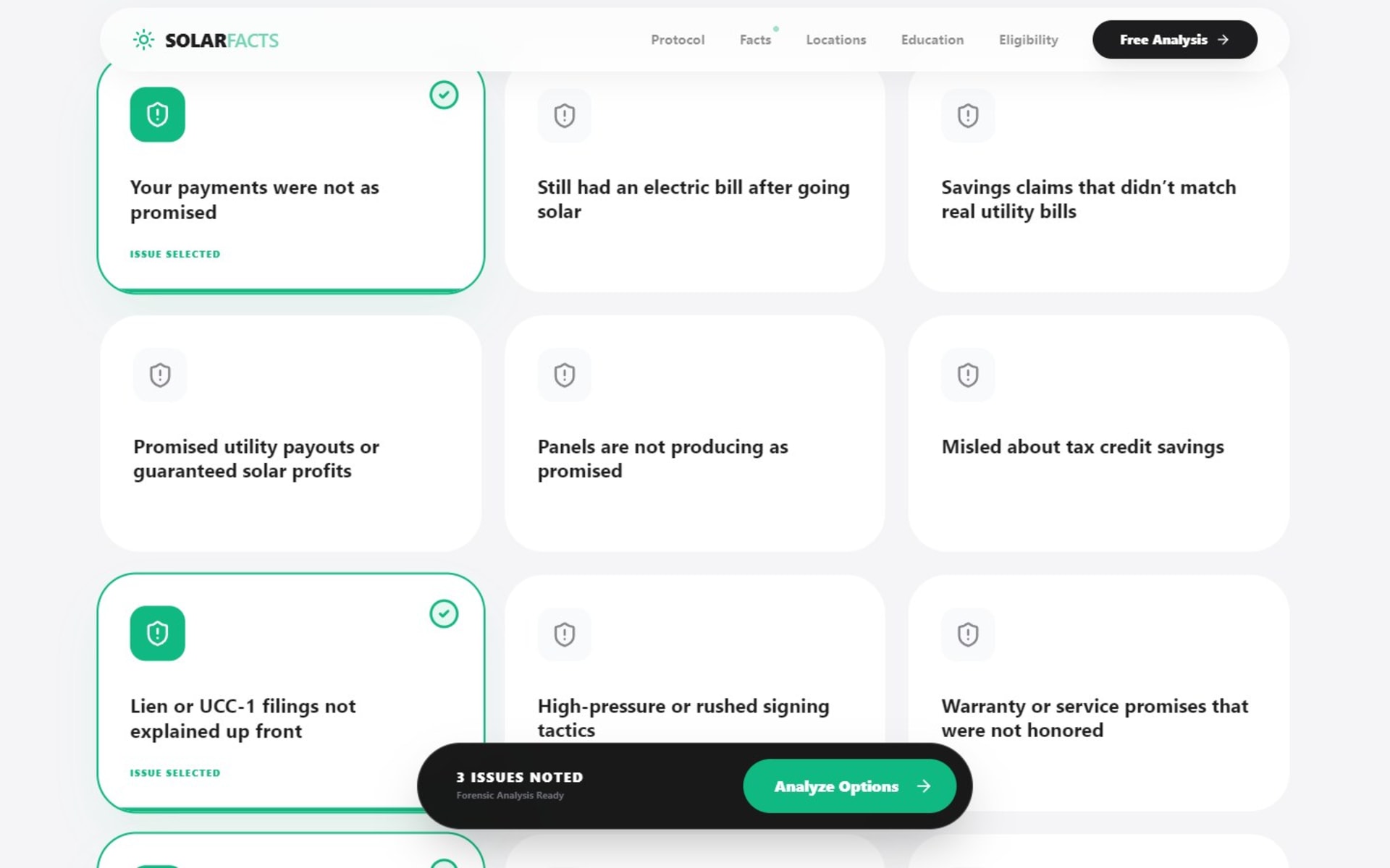 Custom React website for SolarFacts, a US solar contract help site, Problem checklist: tap the issues that apply, with a running count and an Analyze Options bar