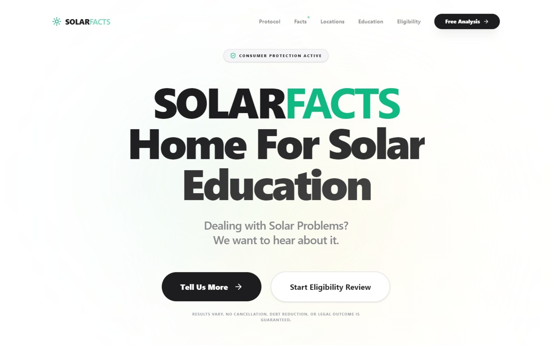 Custom React website for SolarFacts, a US solar contract help site, Homepage: the SolarFacts headline with buttons to share your story or start an eligibility review