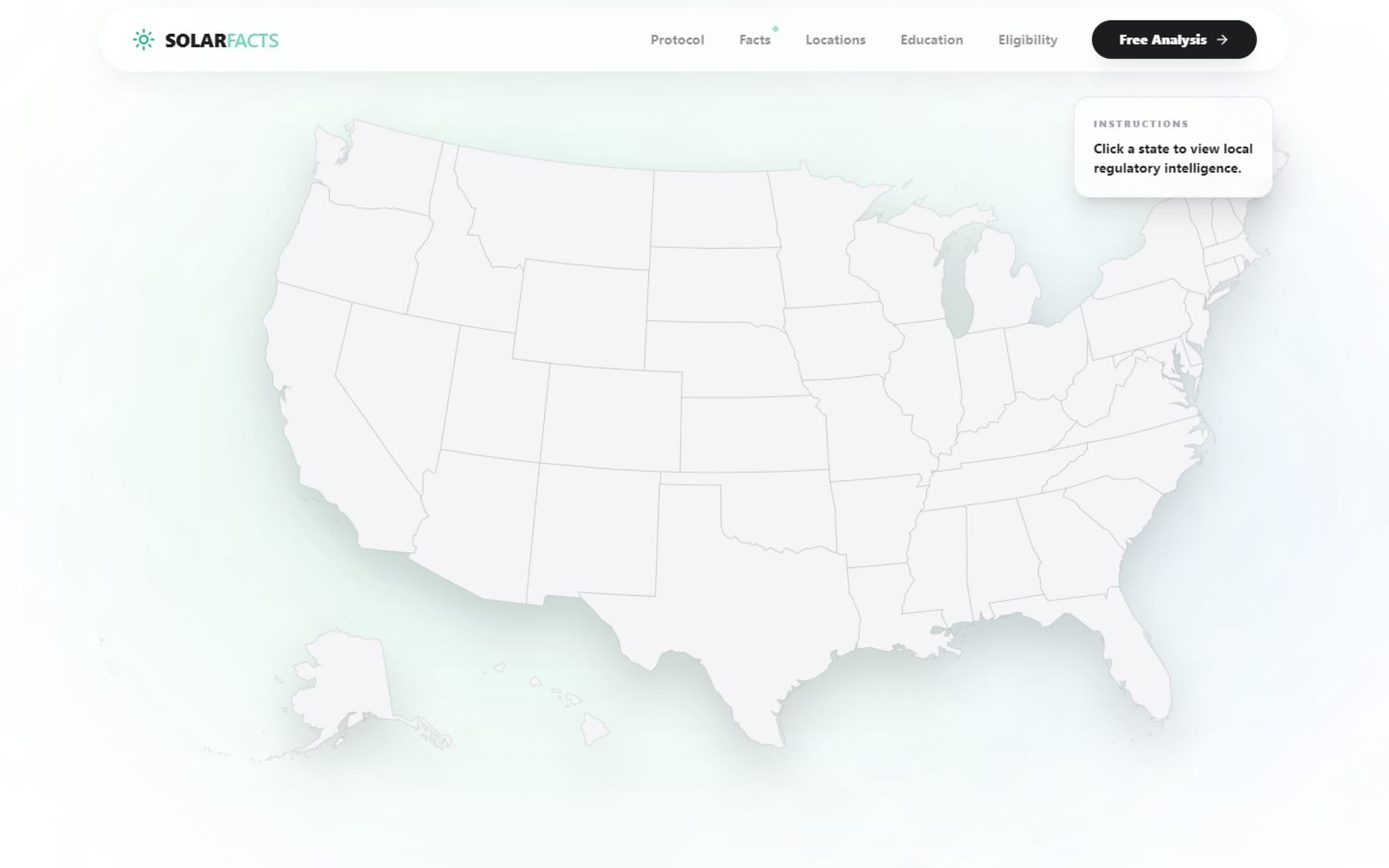 Custom React website for SolarFacts, a US solar contract help site, Locations: a clickable US map for choosing a state