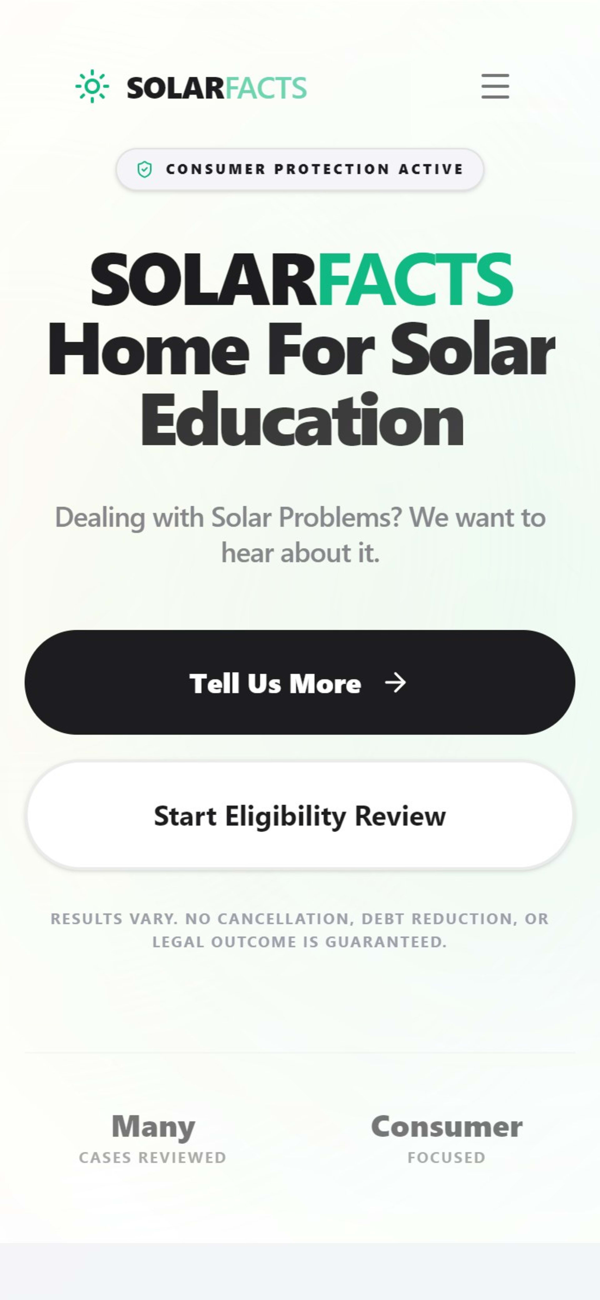 Custom React website for SolarFacts, a US solar contract help site, On a phone: the homepage hero with stacked buttons