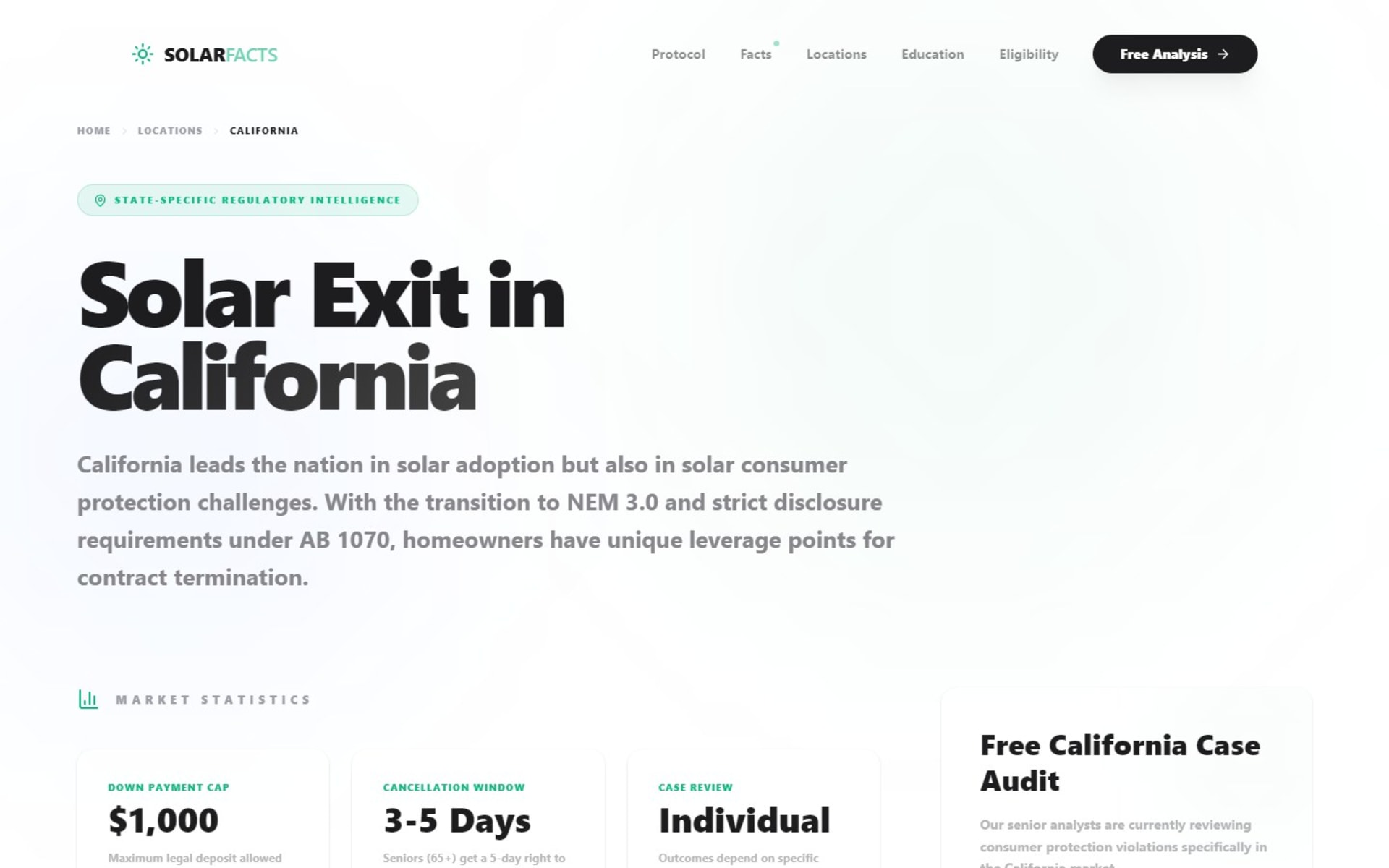 Custom React website for SolarFacts, a US solar contract help site, California page: deposit cap, cancellation window and a free case audit panel