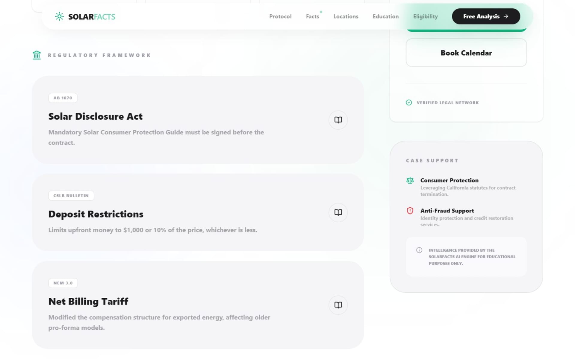 Custom React website for SolarFacts, a US solar contract help site, California page: the state’s disclosure, deposit and net billing rules