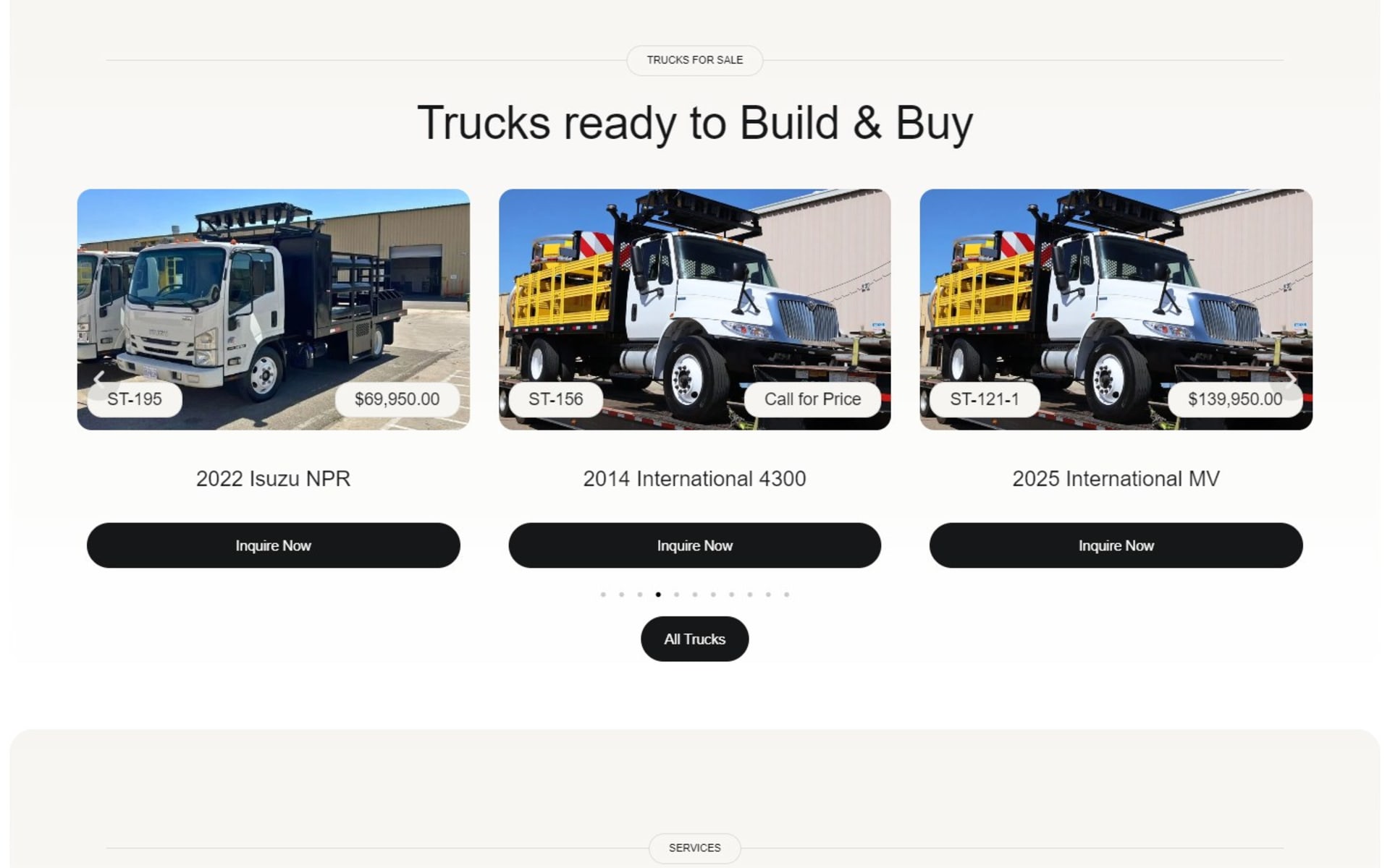 TMA truck inventory site for Western Highways at tmacrashtrucks.com, Homepage carousel: trucks ready to build and buy, each with a stock number, a price or Call for Price, and Inquire Now