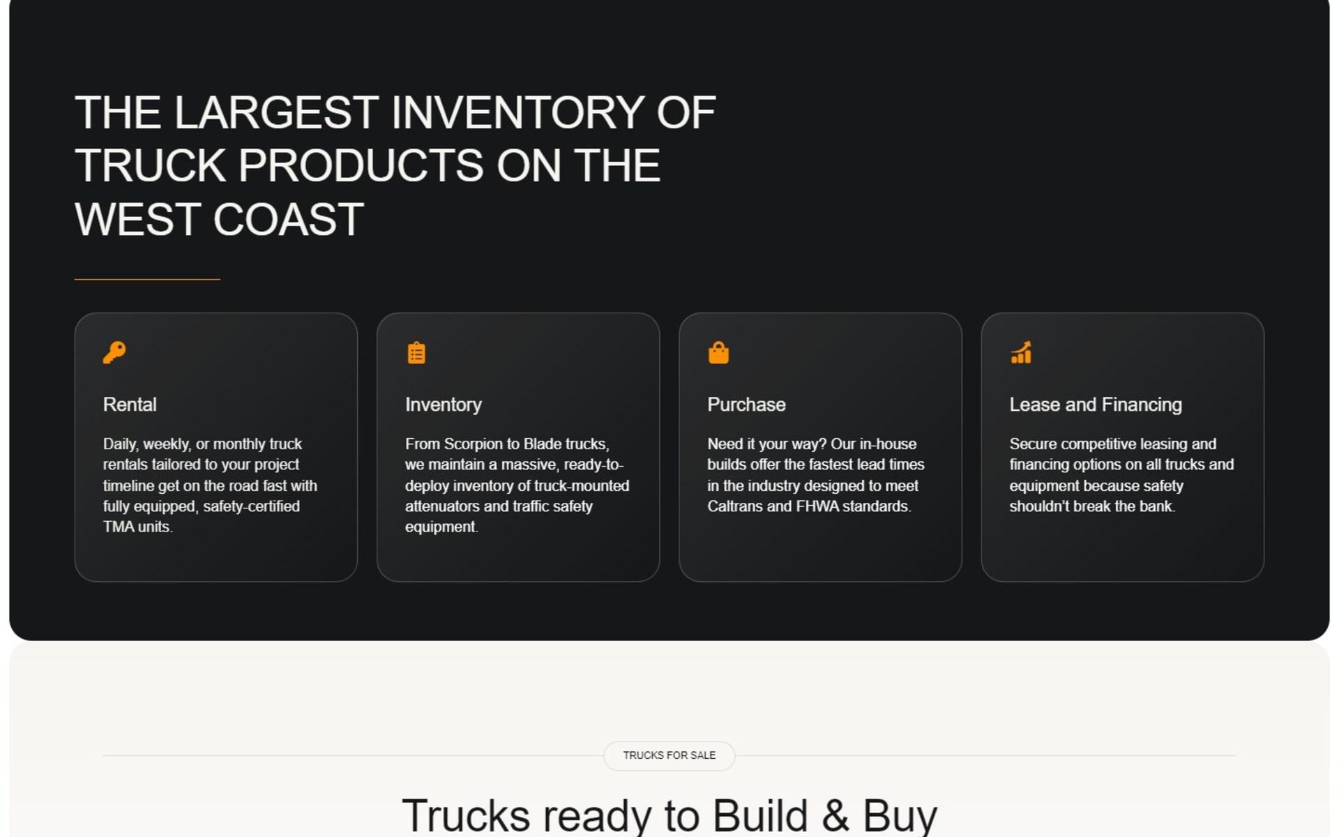 TMA truck inventory site for Western Highways at tmacrashtrucks.com, Homepage: rental, inventory, purchase, and lease and financing cards on a dark panel