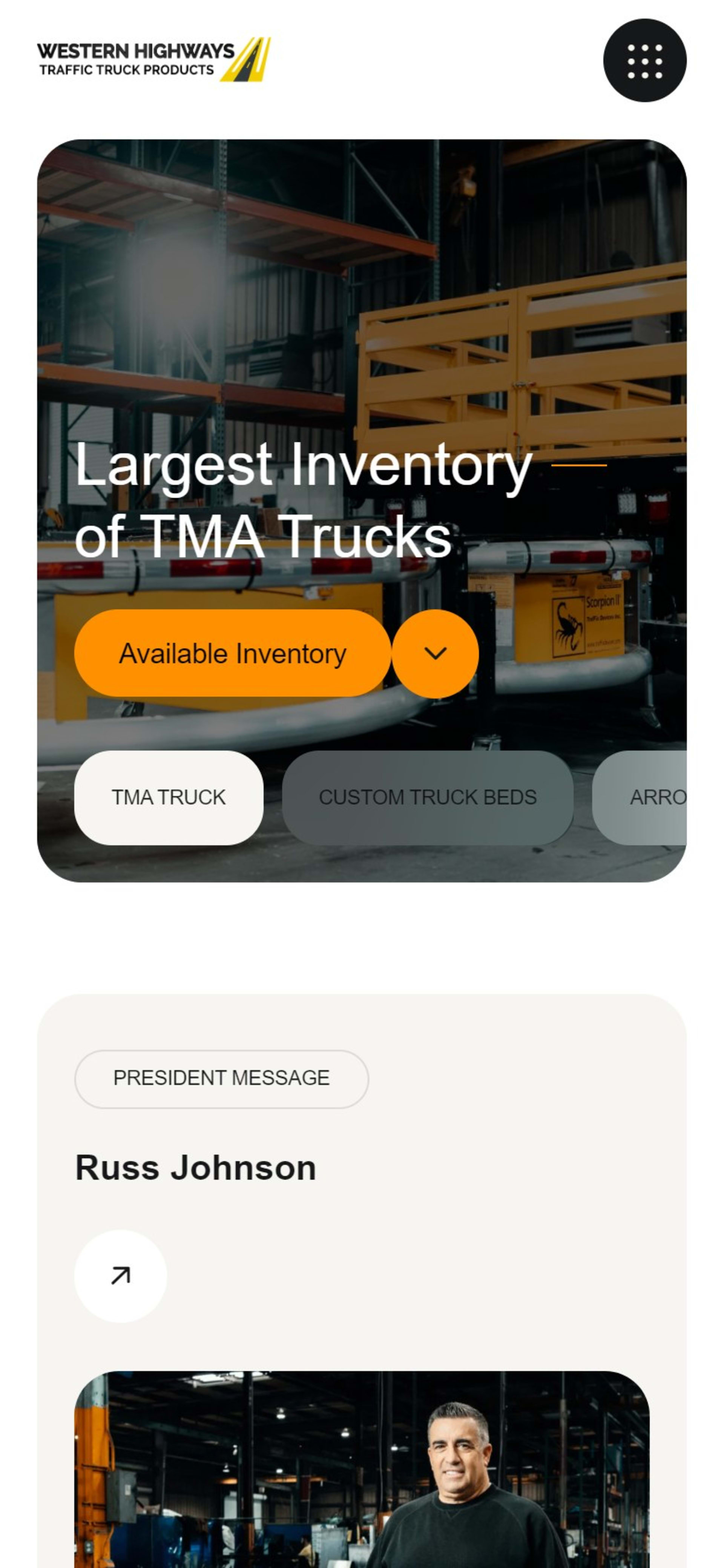 TMA truck inventory site for Western Highways at tmacrashtrucks.com, On a phone: the hero with Available Inventory and the president’s message card