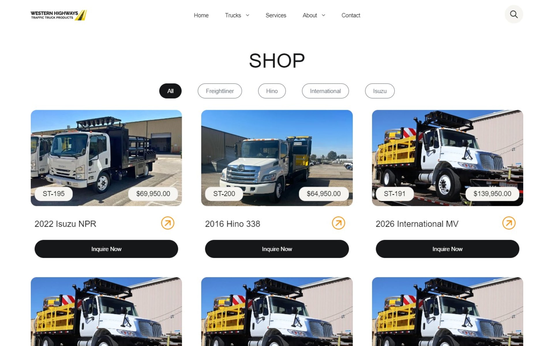 TMA truck inventory site for Western Highways at tmacrashtrucks.com, Shop page: make filters, stock numbers and prices on the photos, and an Inquire Now button on each truck